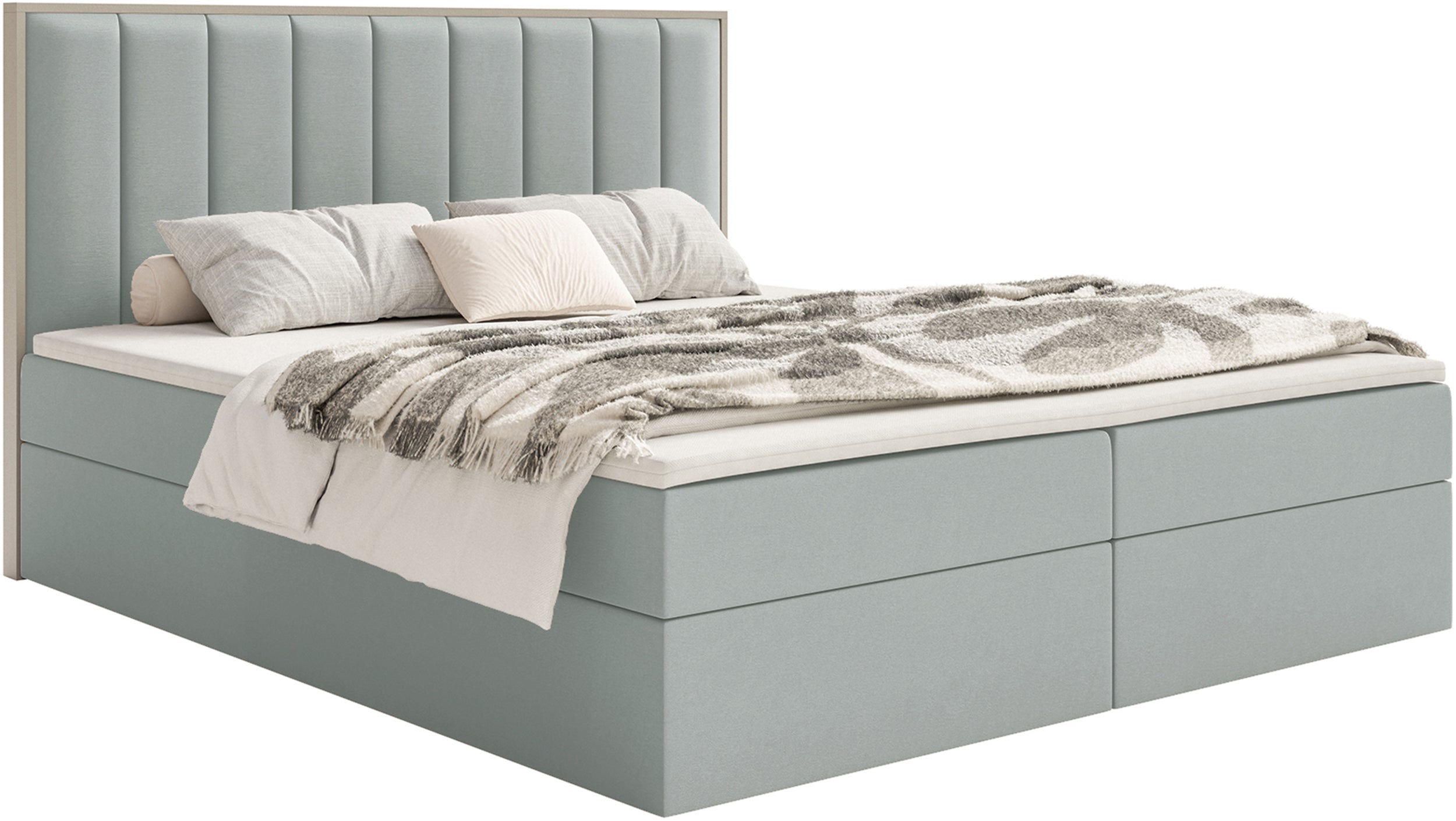 Kontinentalbett 140x200 cm Togents mit Stauraum und Topper, salbeigrüner Velours, wasserabweisend
