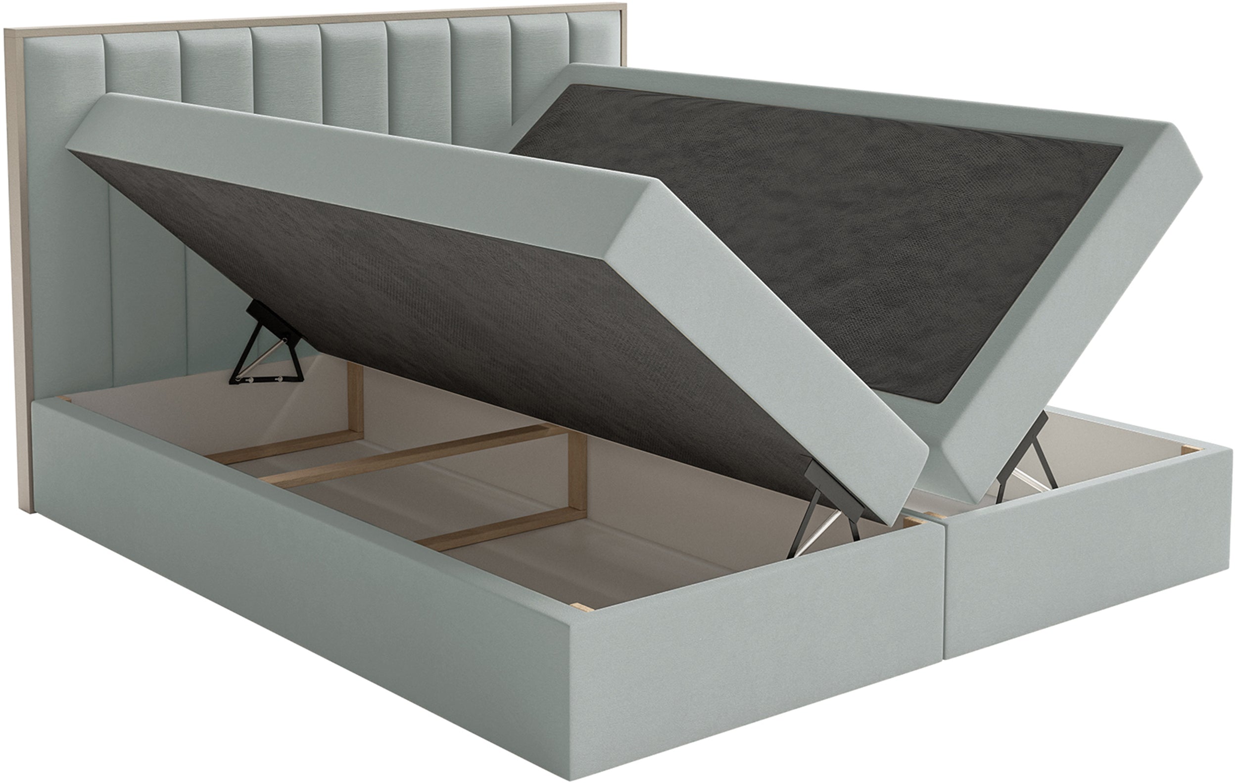 Kontinentalbett 140x200 cm Togents mit Stauraum und Topper, salbeigrüner Velours, wasserabweisend