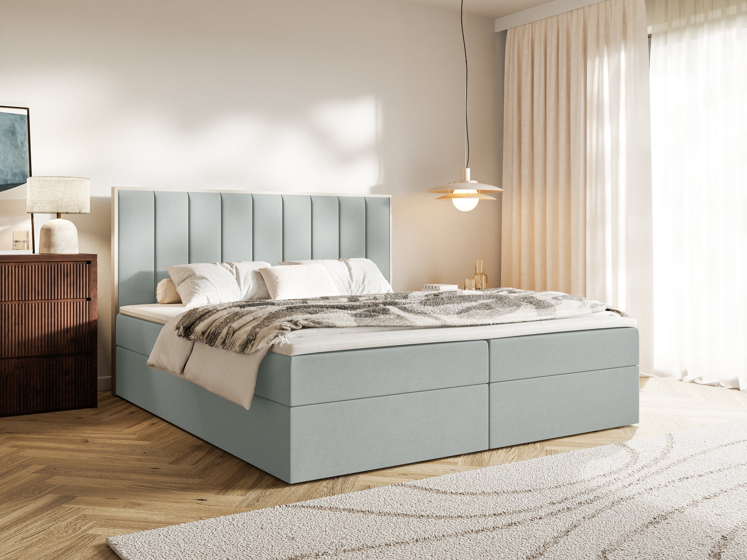 Kontinentalbett 140x200 cm Togents mit Stauraum und Topper, salbeigrüner Velours, wasserabweisend