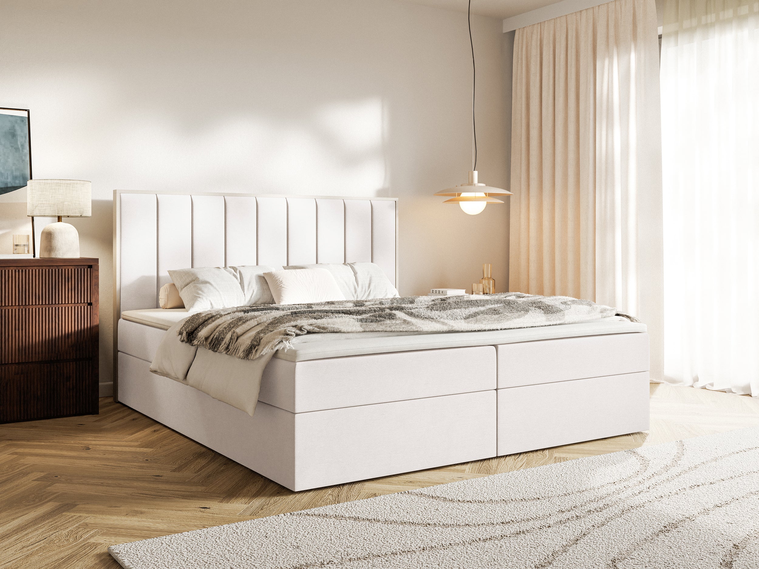 Kontinentales Bett 160x200 cm Togents mit Stauraum und Topper, cremefarbener Velours, wasserabweisend