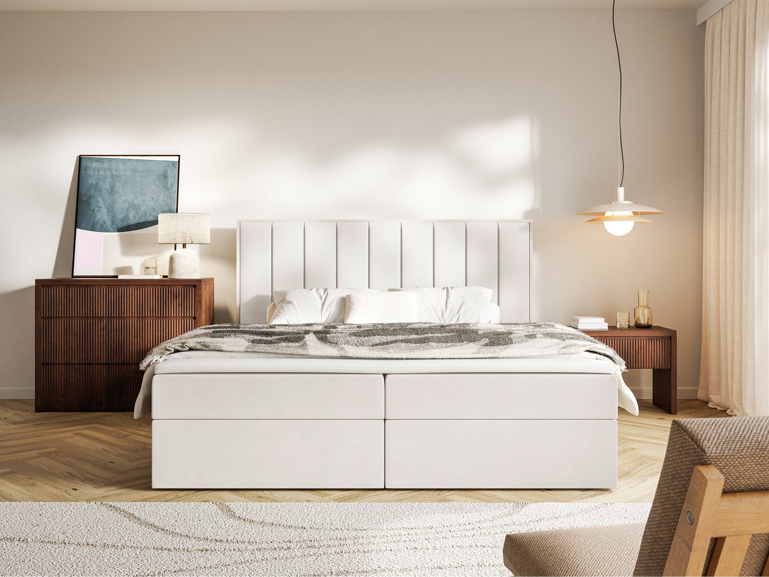 Kontinentales Bett 160x200 cm Togents mit Stauraum und Topper, cremefarbener Velours, wasserabweisend
