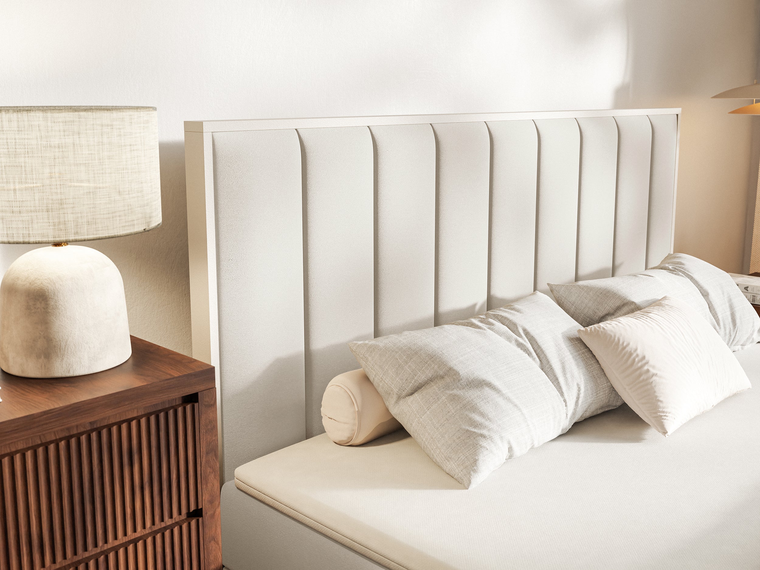 Kontinentales Bett 160x200 cm Togents mit Stauraum und Topper, cremefarbener Velours, wasserabweisend