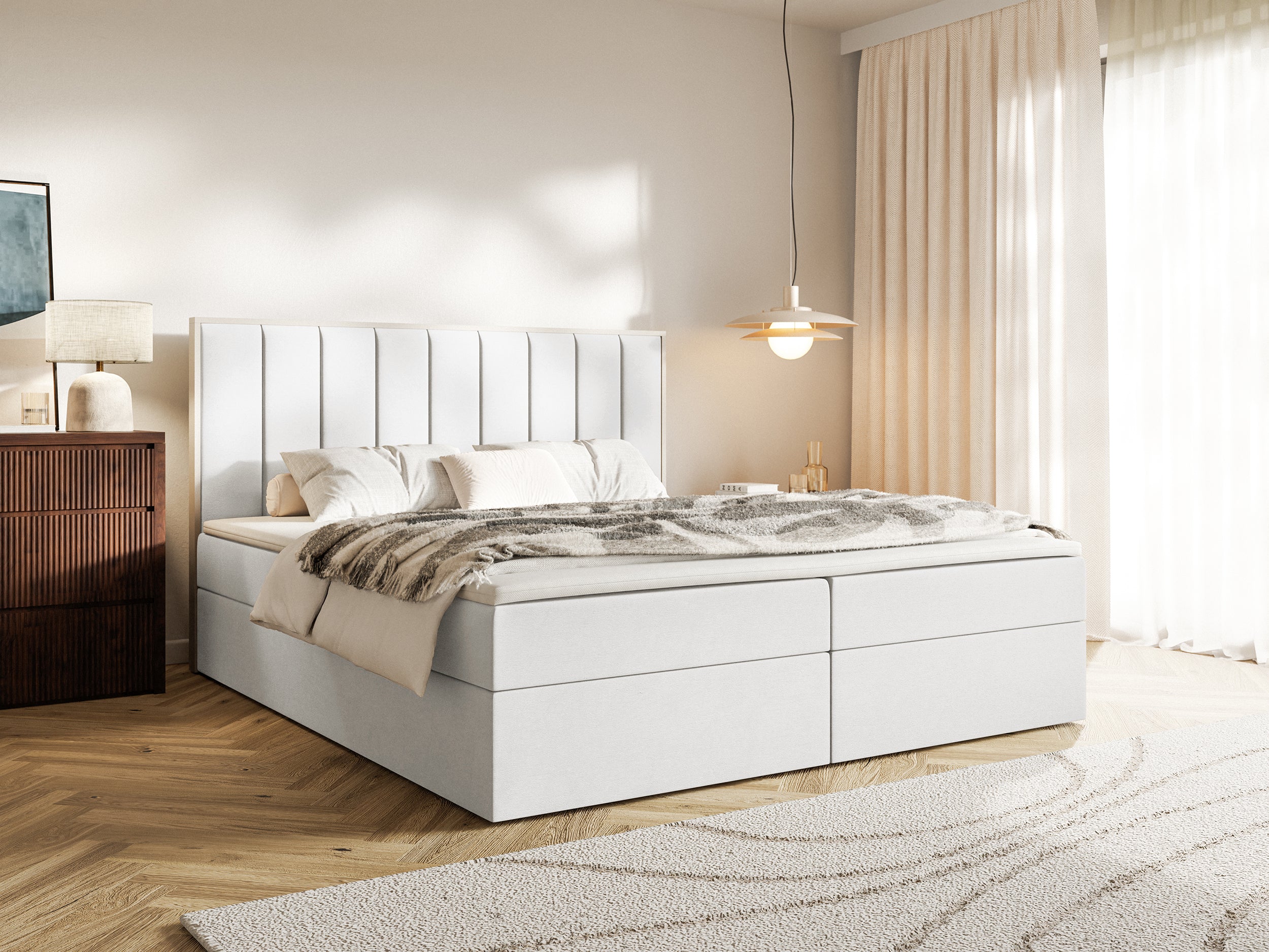 Kontinentales Bett 180x200 cm Togents mit Stauraum und Topper, weißer wasserabweisender Samt
