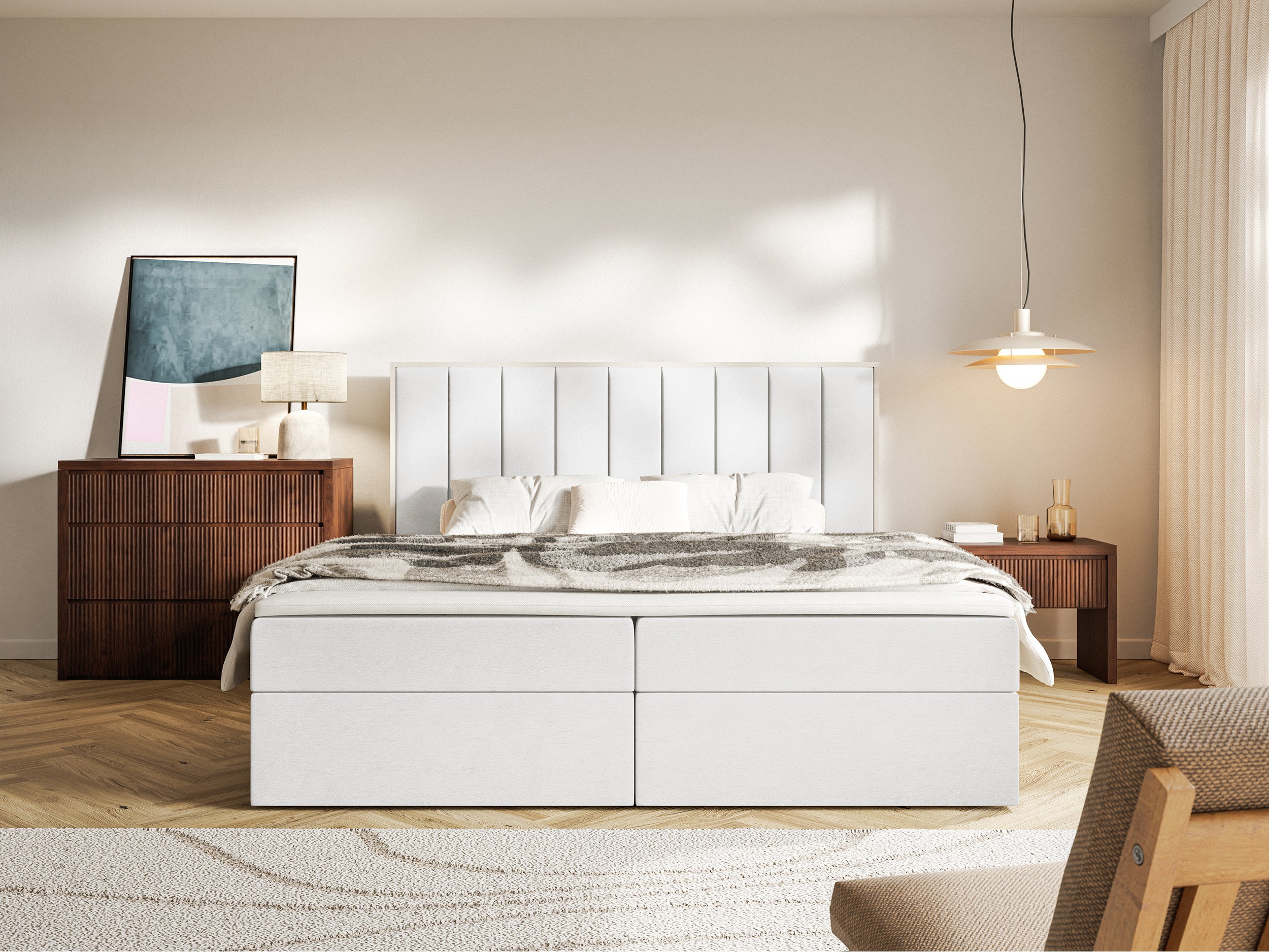 Kontinentales Bett 180x200 cm Togents mit Stauraum und Topper, weißer wasserabweisender Samt