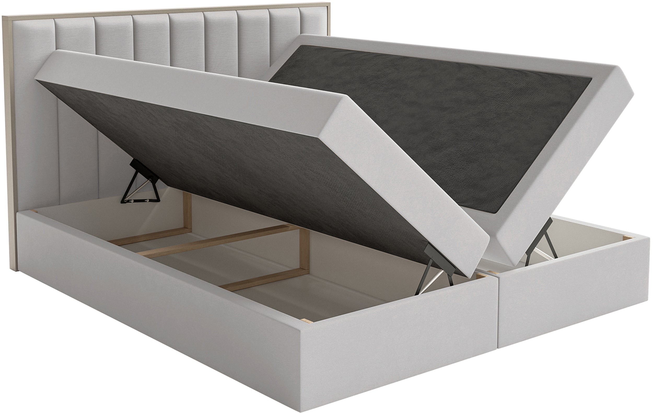 Kontinentales Bett 140x200 cm Togents mit Stauraum und Topper, hellgrauer Velours, wasserabweisend