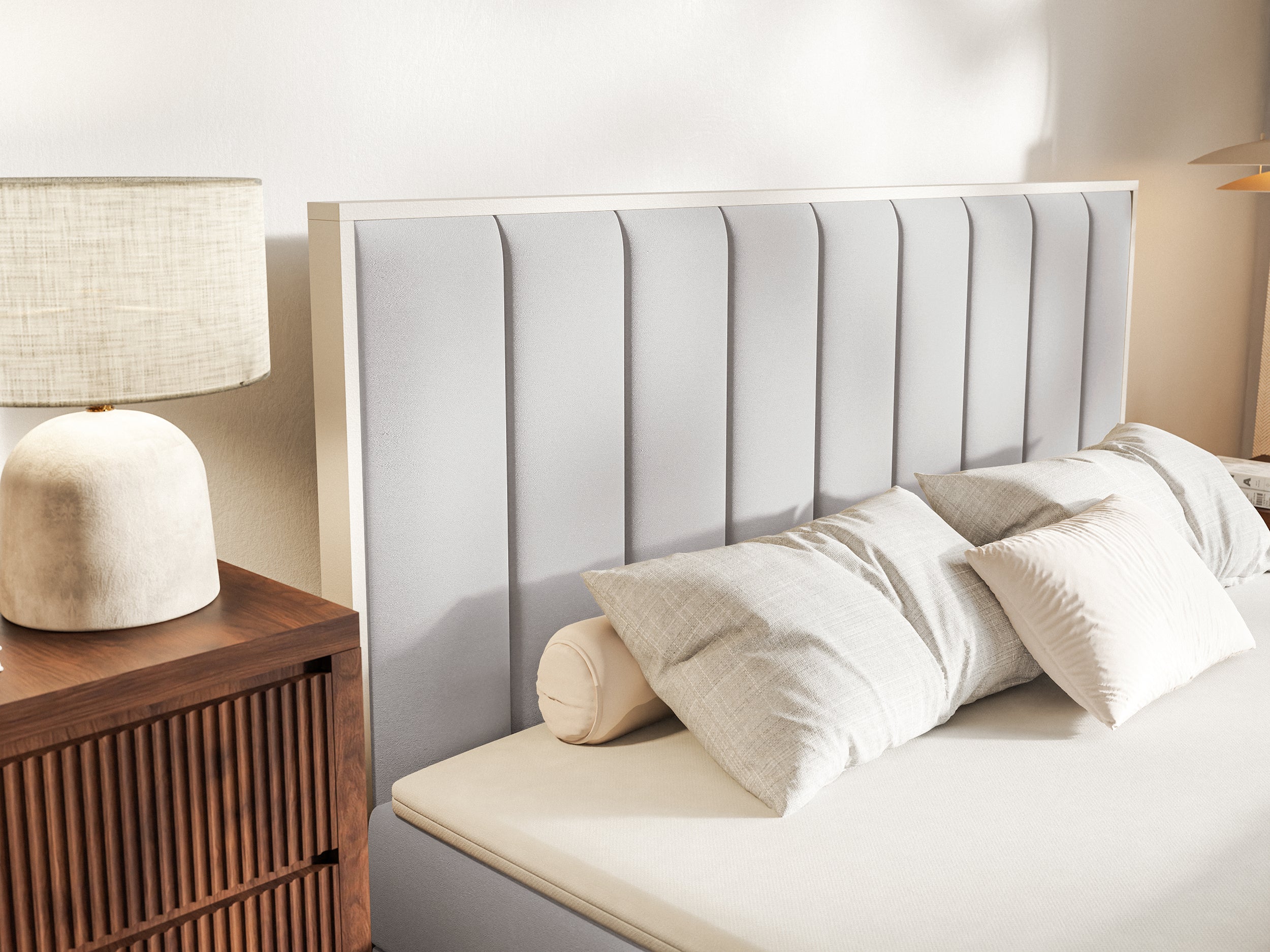 Kontinentales Bett 140x200 cm Togents mit Stauraum und Topper, hellgrauer Velours, wasserabweisend