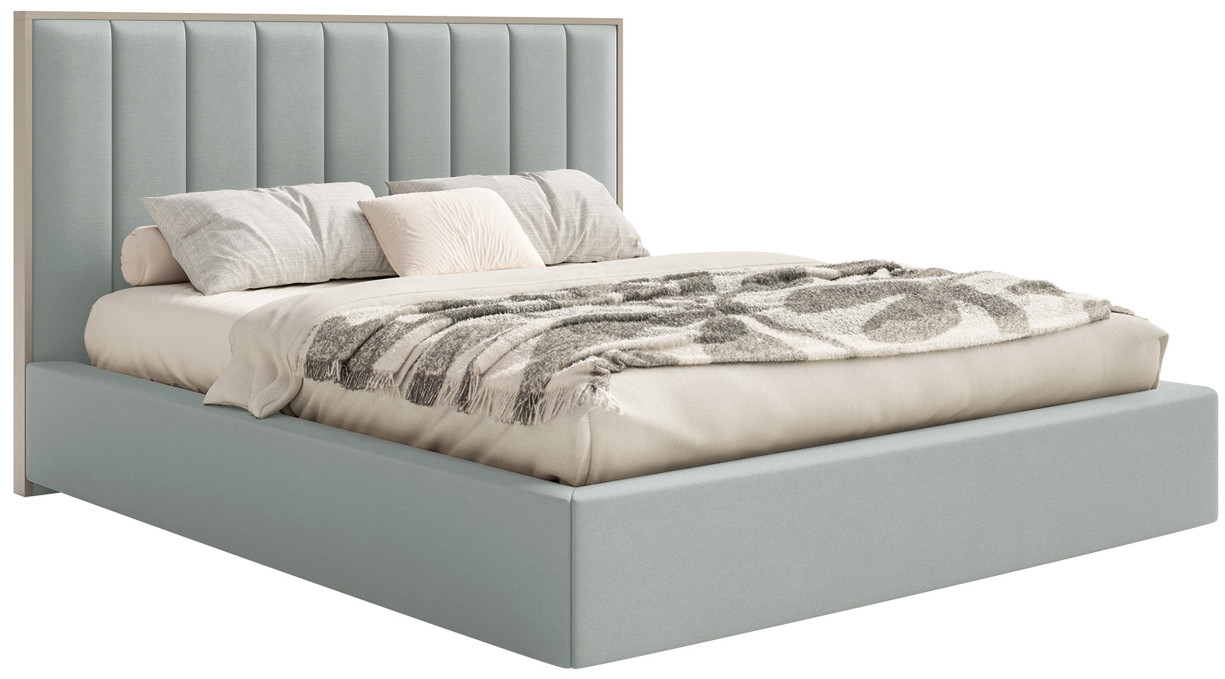 Polsterbett 160x200 cm Togents mit Stauraum und LED-Beleuchtung, Metallrahmen, salbeigrüner Veloursstoff, wasserabweisend