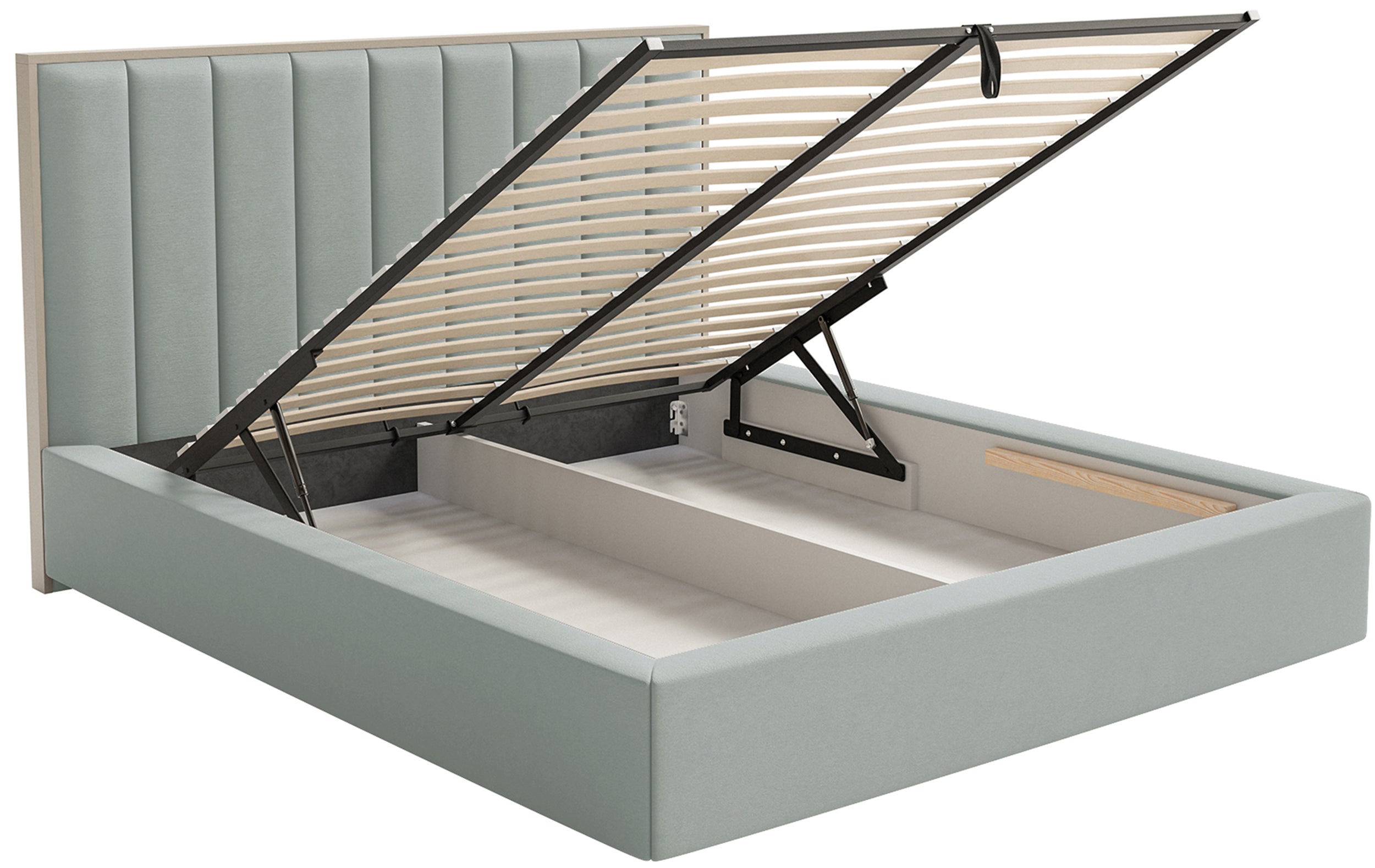 Polsterbett 160x200 cm Togents mit Stauraum und LED-Beleuchtung, Metallrahmen, salbeigrüner Veloursstoff, wasserabweisend