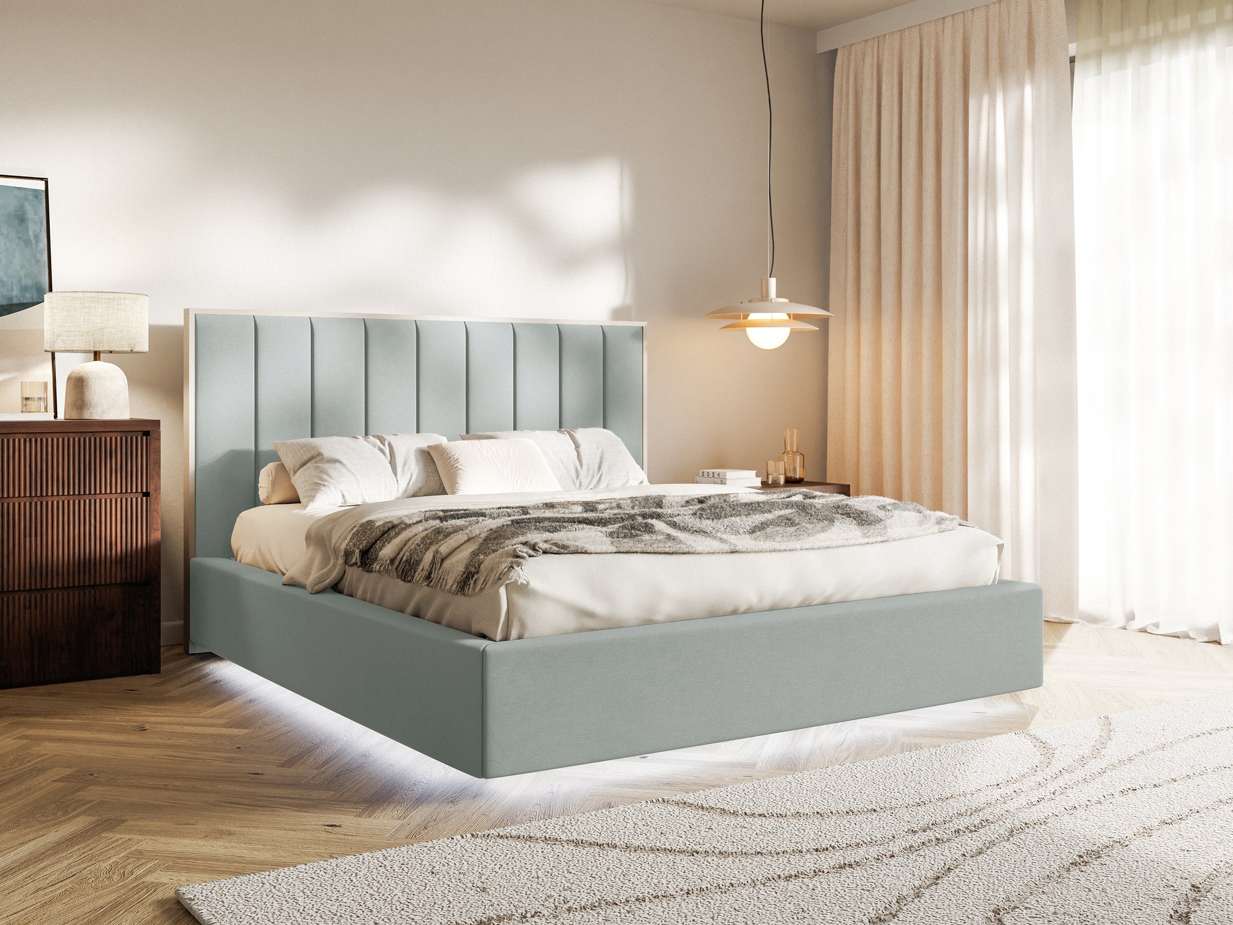 Polsterbett 160x200 cm Togents mit Stauraum und LED-Beleuchtung, Metallrahmen, salbeigrüner Veloursstoff, wasserabweisend