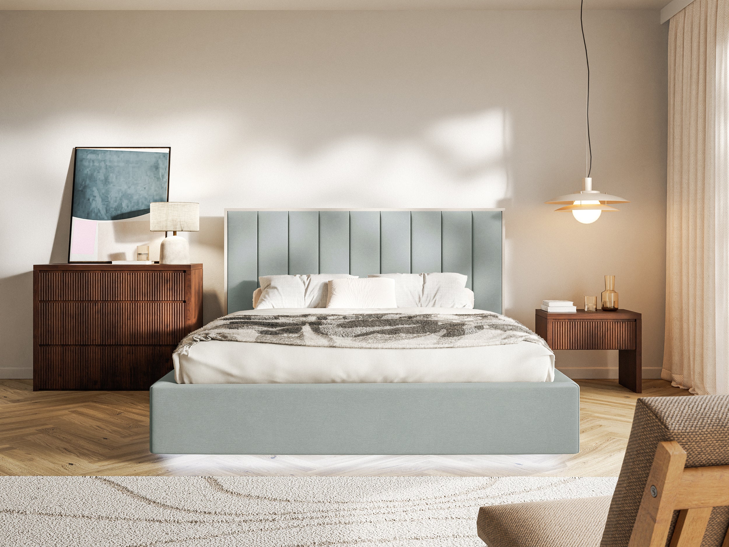 Polsterbett 160x200 cm Togents mit Stauraum und LED-Beleuchtung, Metallrahmen, salbeigrüner Veloursstoff, wasserabweisend