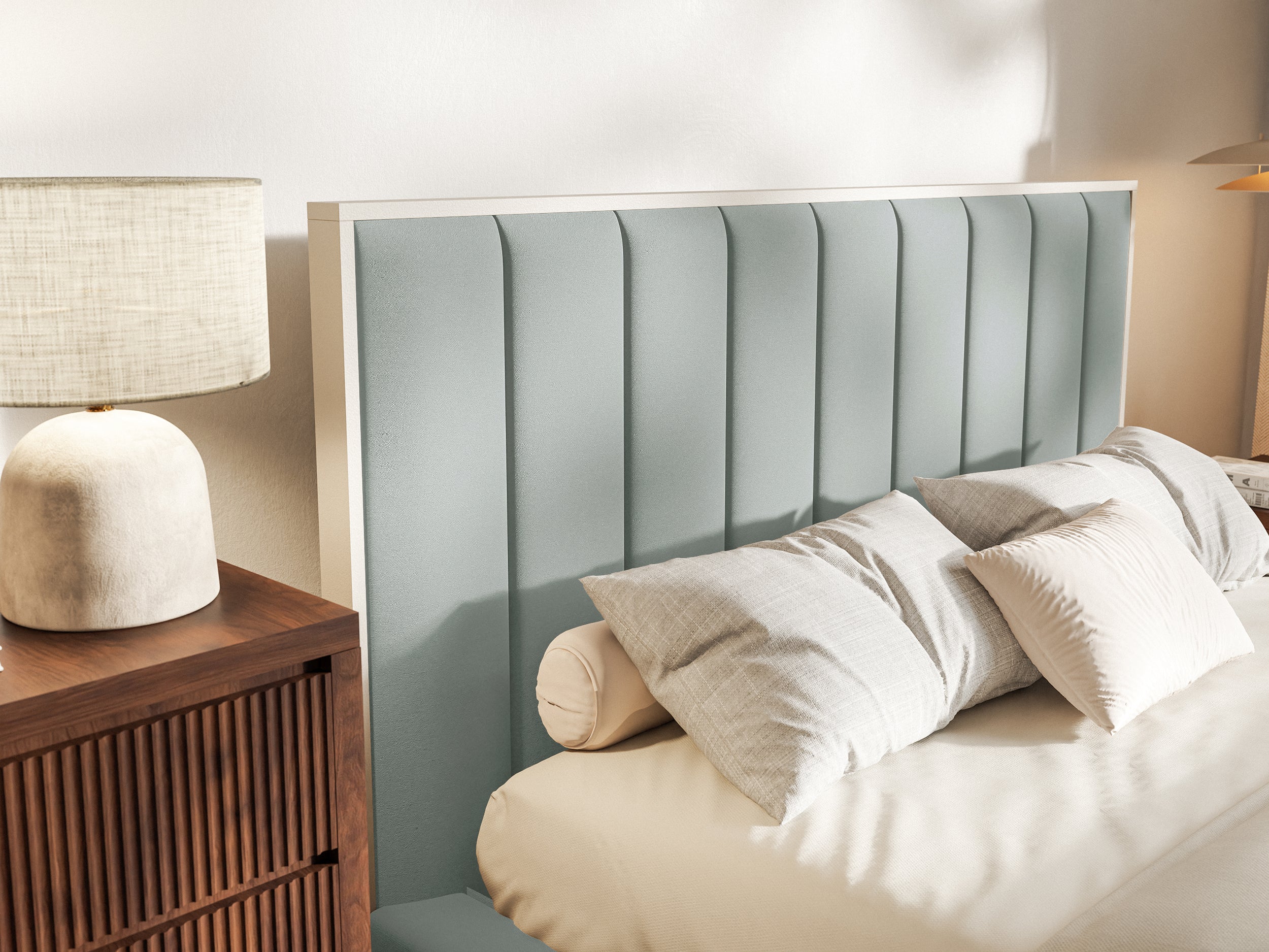 Polsterbett 160x200 cm Togents mit Stauraum und LED-Beleuchtung, Metallrahmen, salbeigrüner Veloursstoff, wasserabweisend