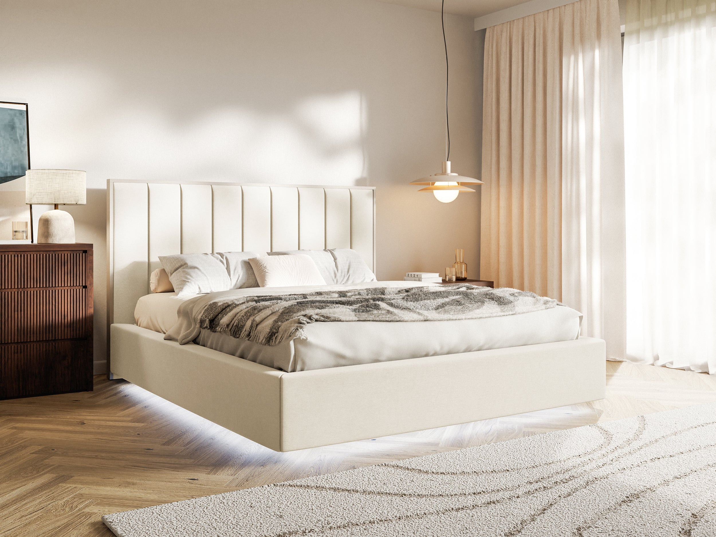 Gepolstertes Bett 160x200 cm Togents mit LED-Beleuchtung, cremefarbener Velours, wasserabweisend