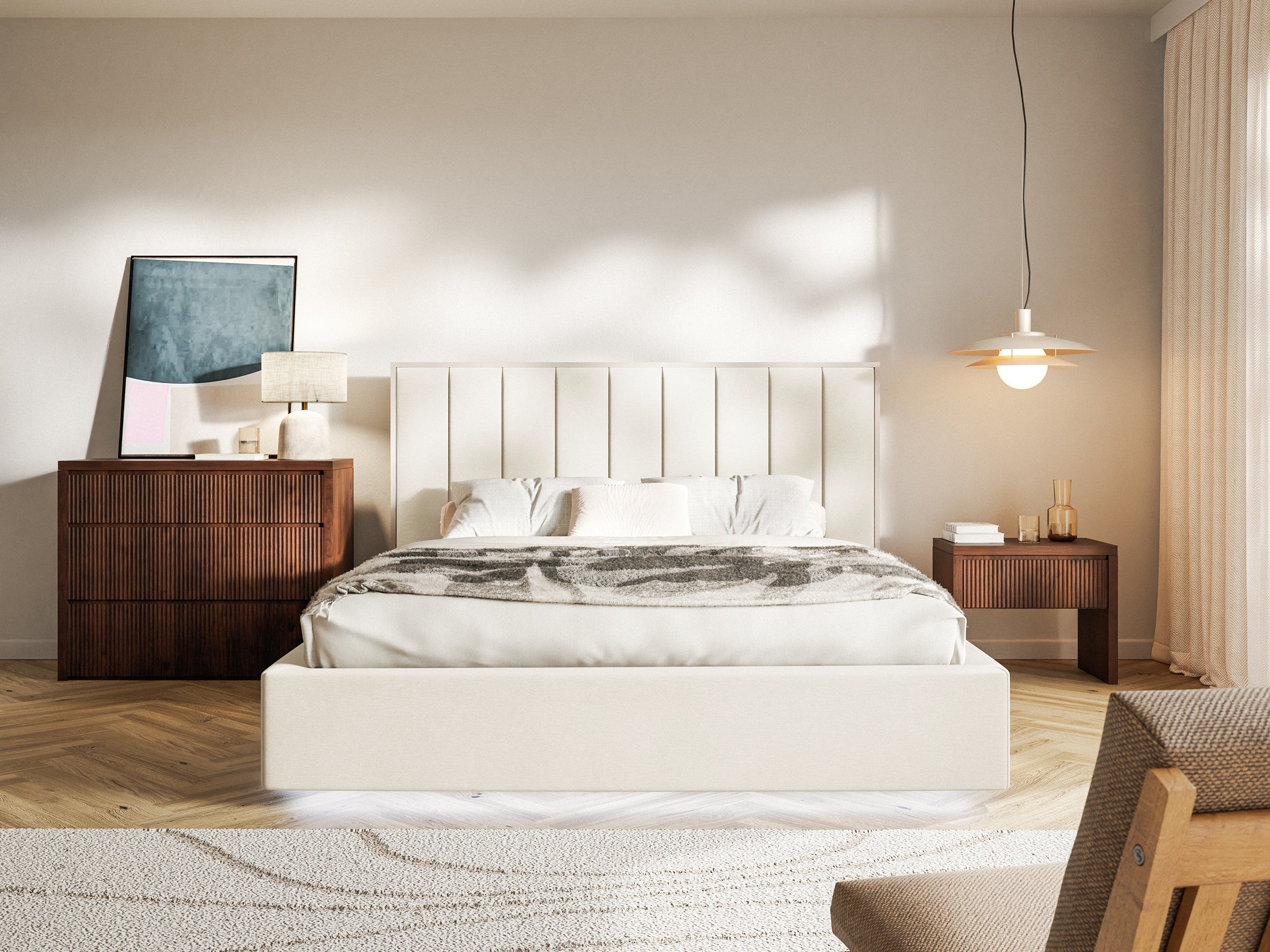 Gepolstertes Bett 160x200 cm Togents mit LED-Beleuchtung, cremefarbener Velours, wasserabweisend