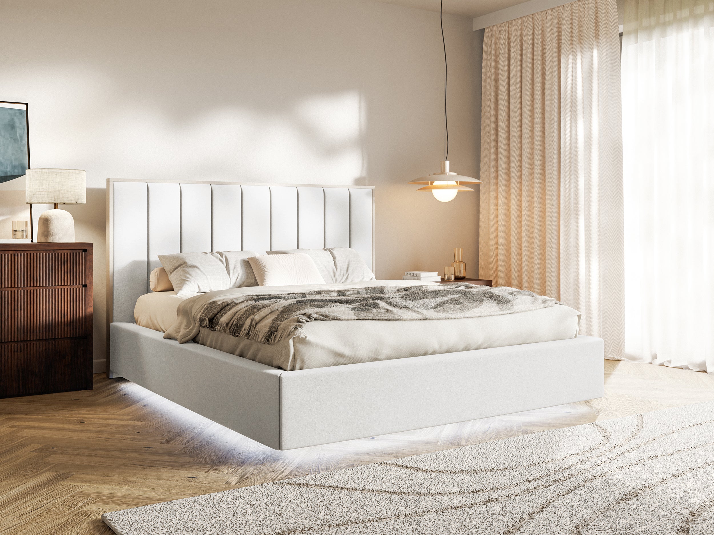 Polsterbett 180x200 cm Togents mit Stauraum und LED-Beleuchtung, Metallrahmen, weißer hydrophober Samt