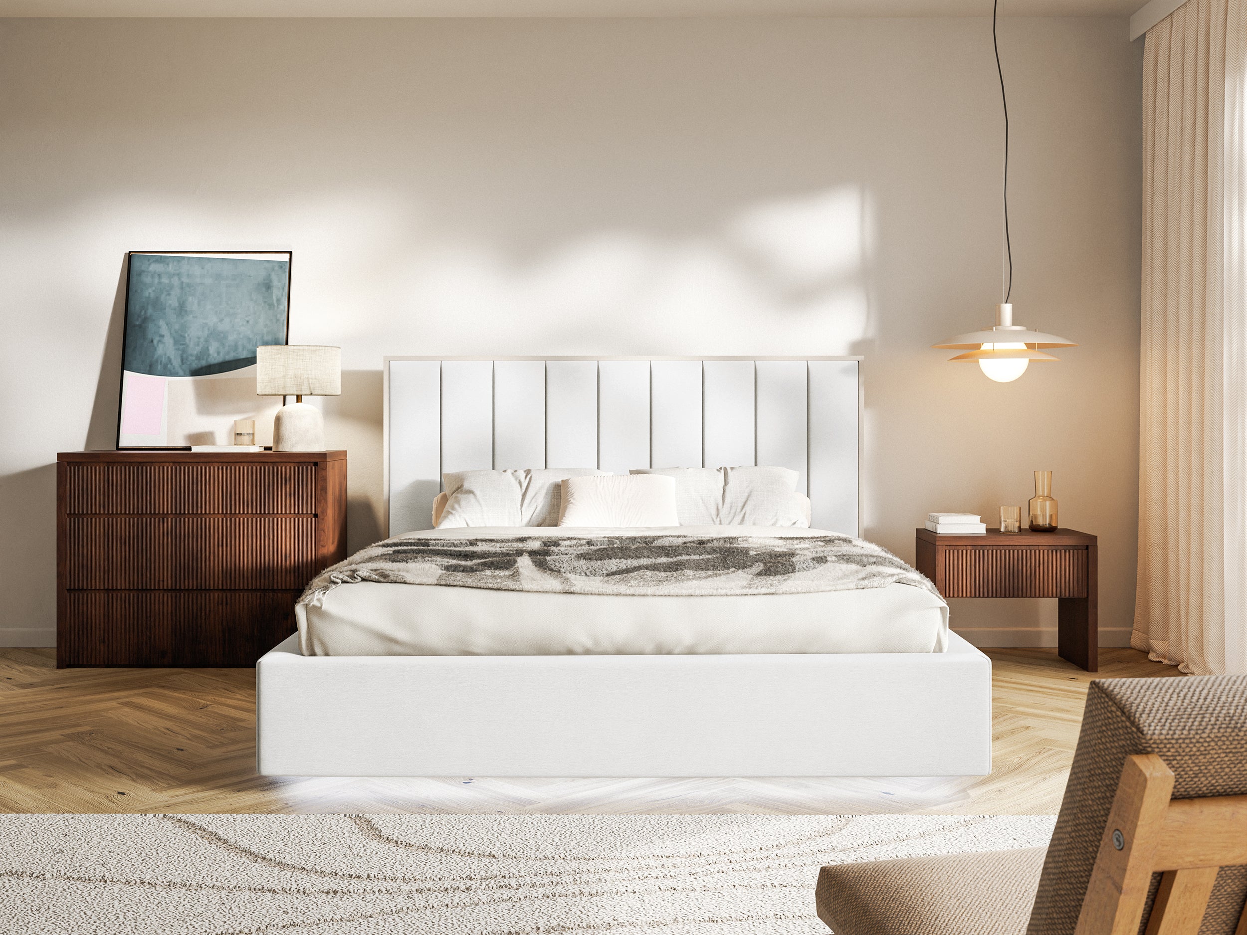 Polsterbett 160x200 cm Togents mit LED-Beleuchtung, weißer Velours, wasserabweisend