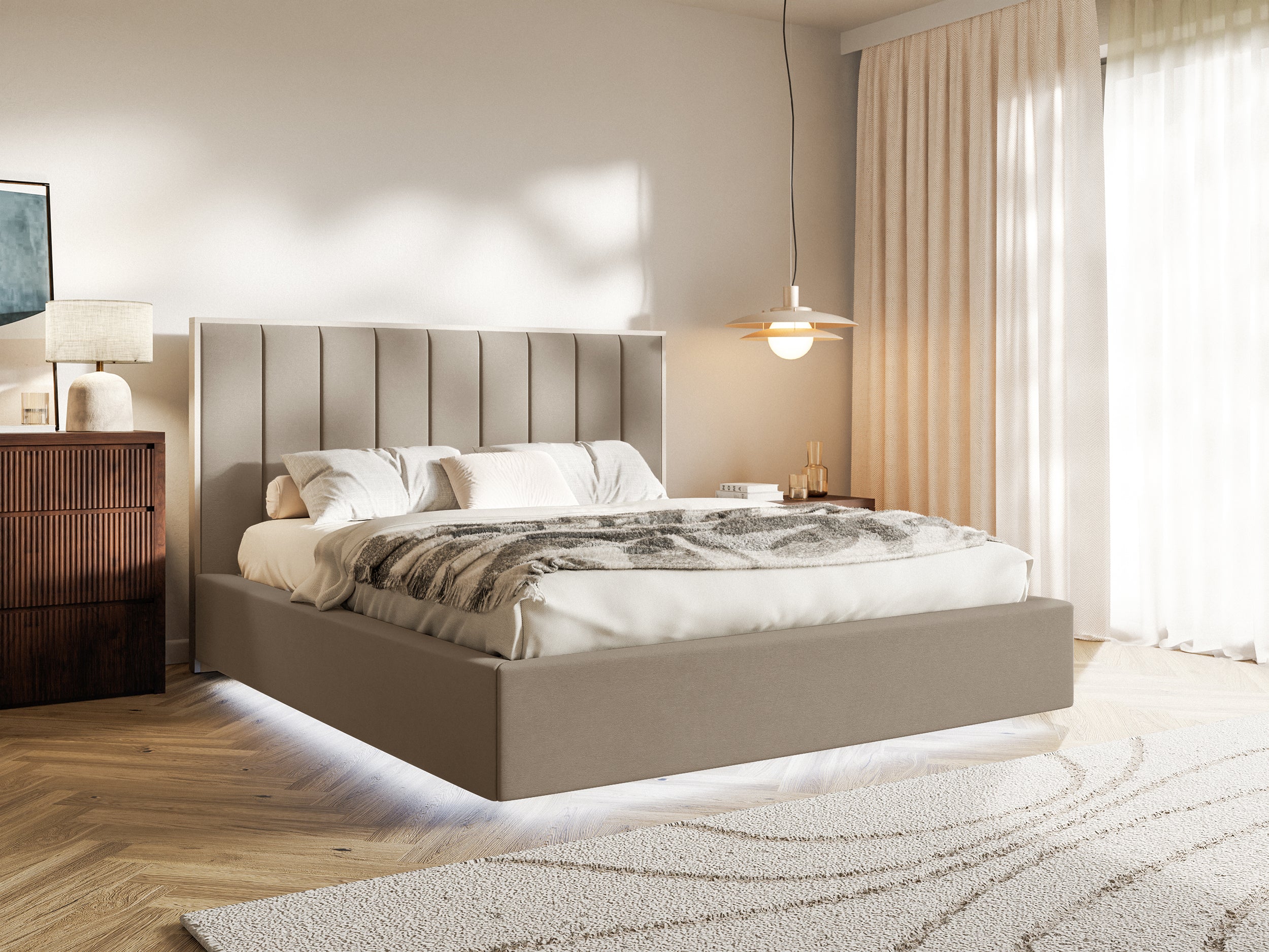 Polsterbett 160x200 cm Togents mit LED-Beleuchtung, brauner Veloursstoff, wasserabweisend