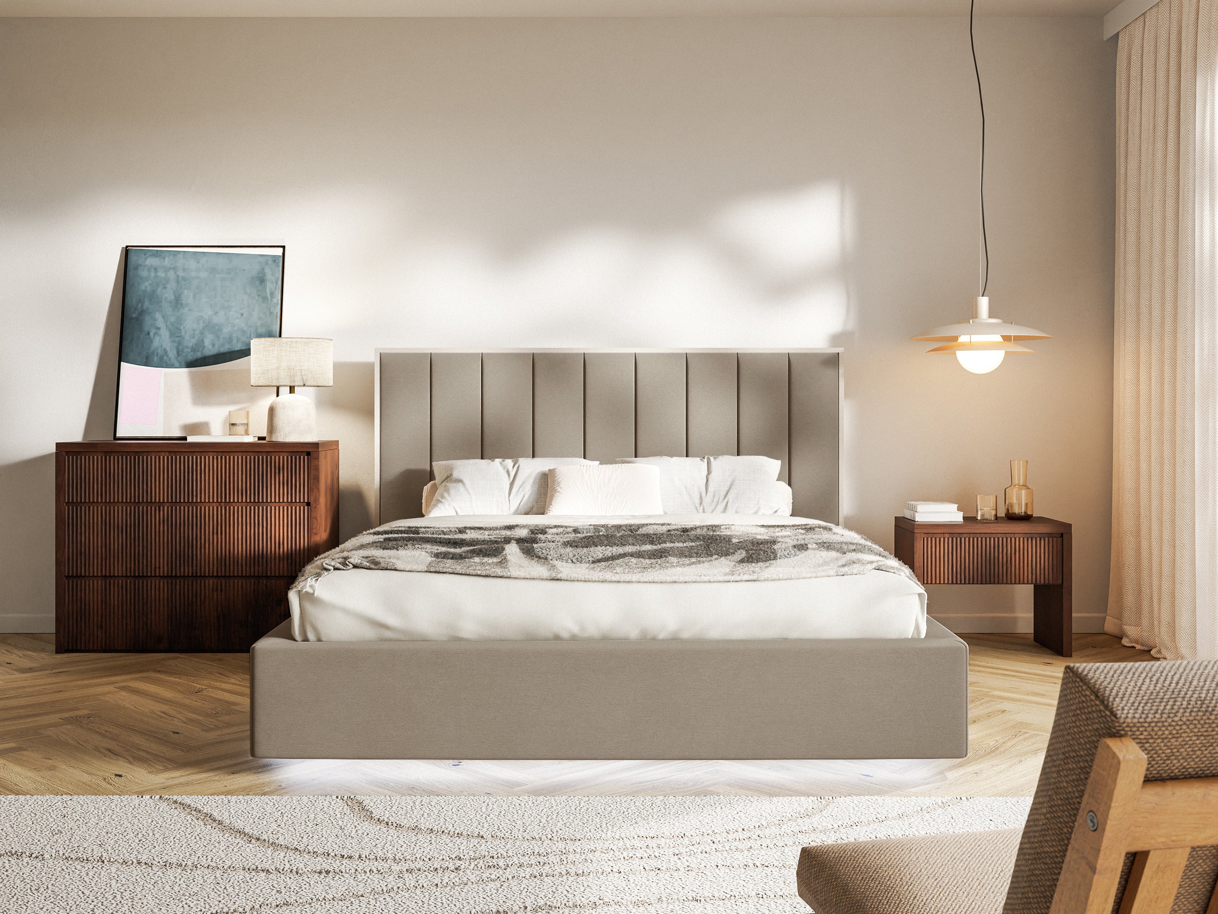 Polsterbett 160x200 cm Togents mit LED-Beleuchtung, brauner Veloursstoff, wasserabweisend