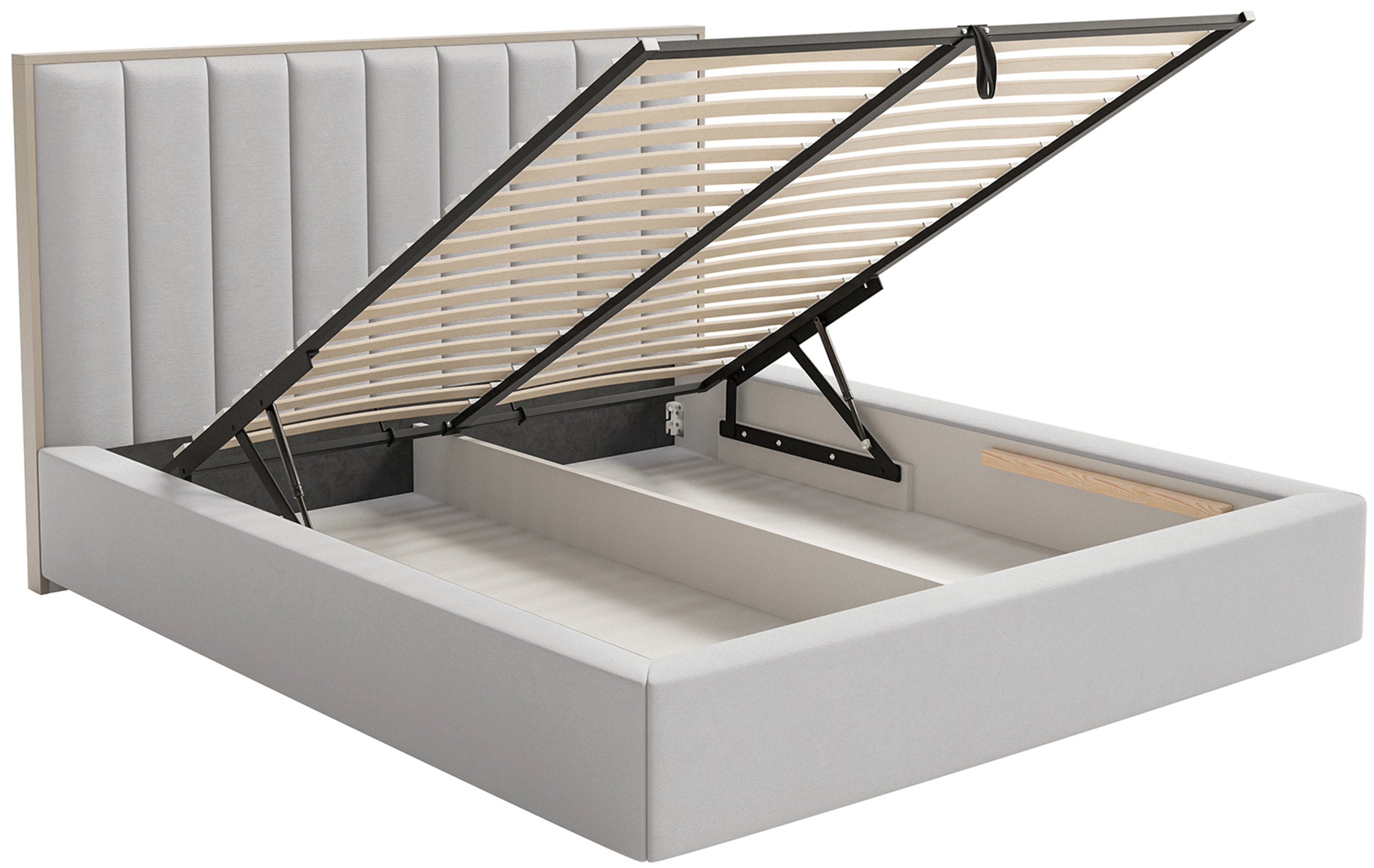 Polsterbett 140x200 cm Togents mit Stauraum und LED-Beleuchtung, Metallrahmen, hellgrauer, wasserabweisender Samt
