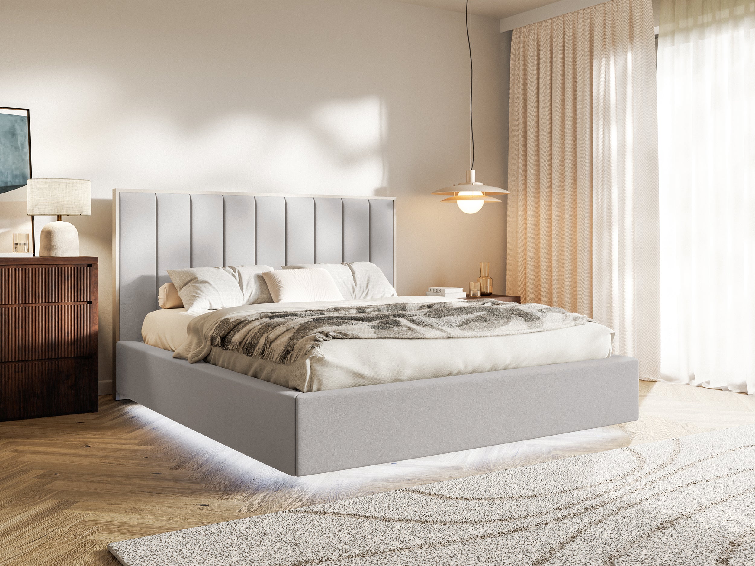 Polsterbett 140x200 cm Togents mit Stauraum und LED-Beleuchtung, Metallrahmen, hellgrauer, wasserabweisender Samt