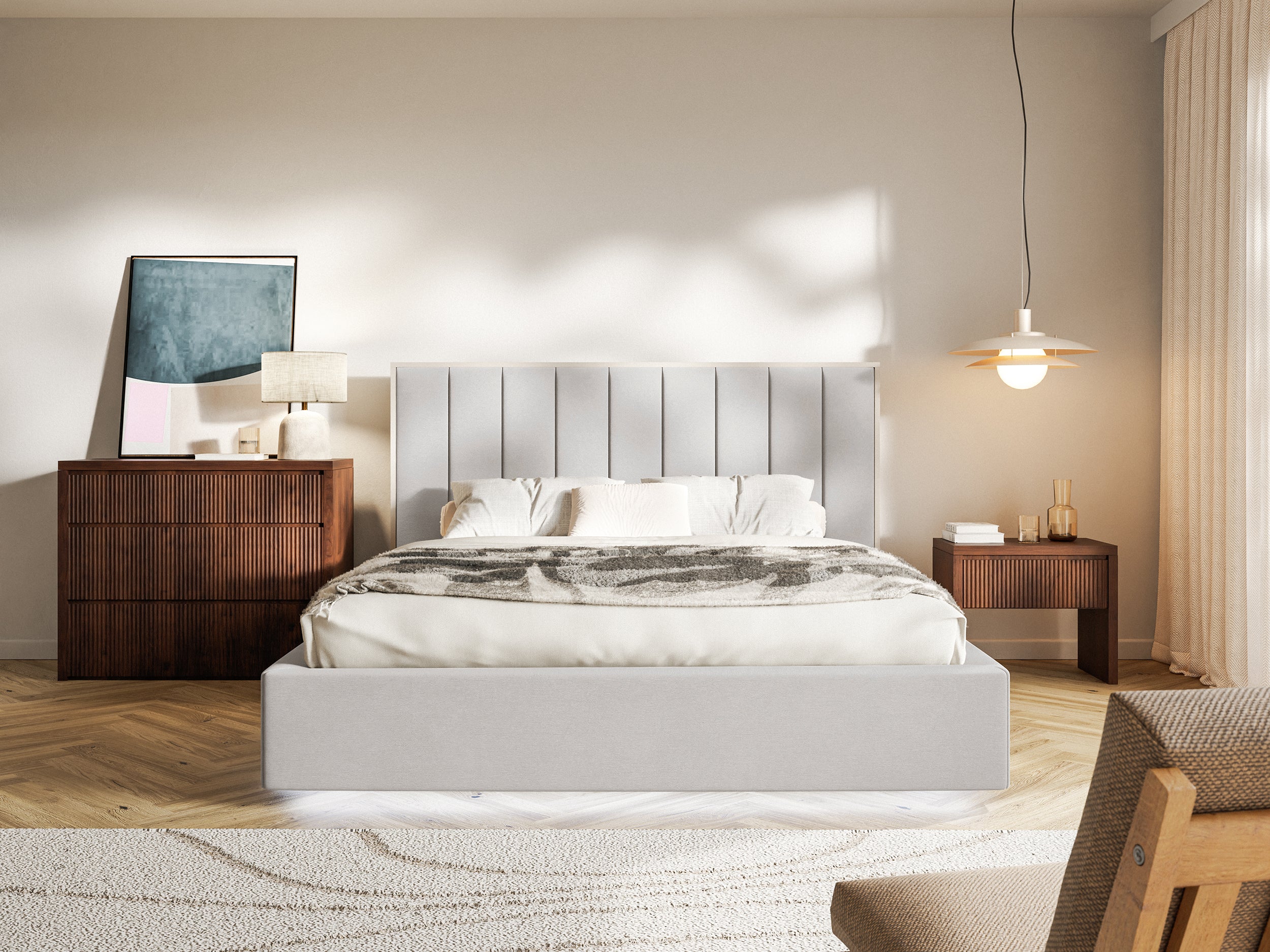 Polsterbett 140x200 cm Togents mit Stauraum und LED-Beleuchtung, Metallrahmen, hellgrauer, wasserabweisender Samt