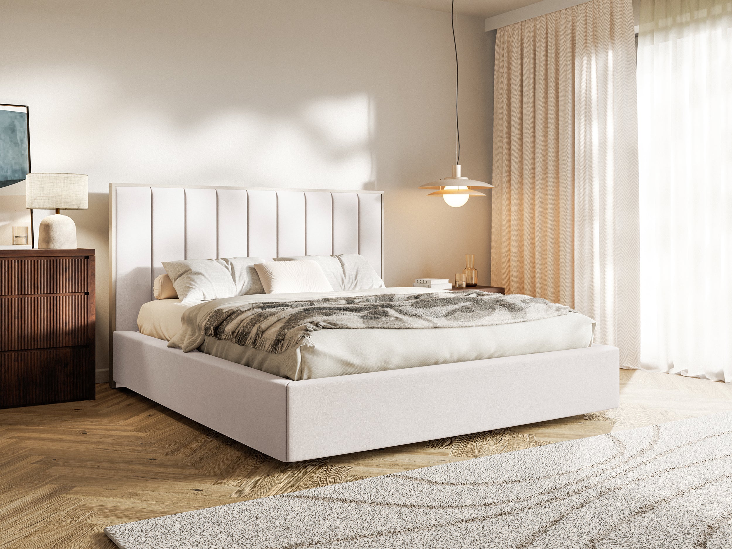 Polsterbett 180x200 cm Togents mit Stauraum, Metallrahmen, cremefarben, Velours, wasserabweisend