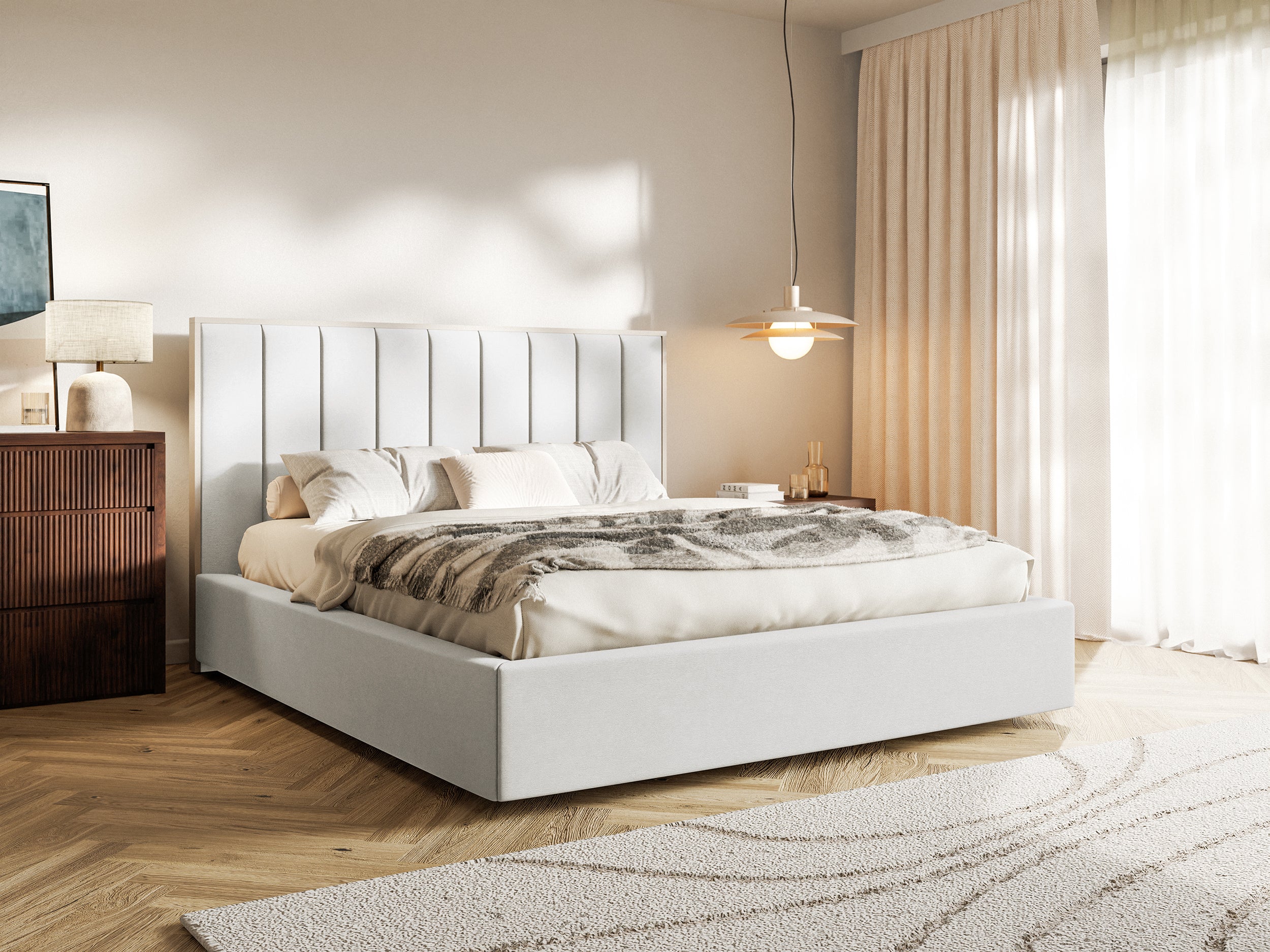 Gepolstertes Bett 160x200 cm Togents mit Stauraum, Metallrahmen, weißer hydrophober Samt
