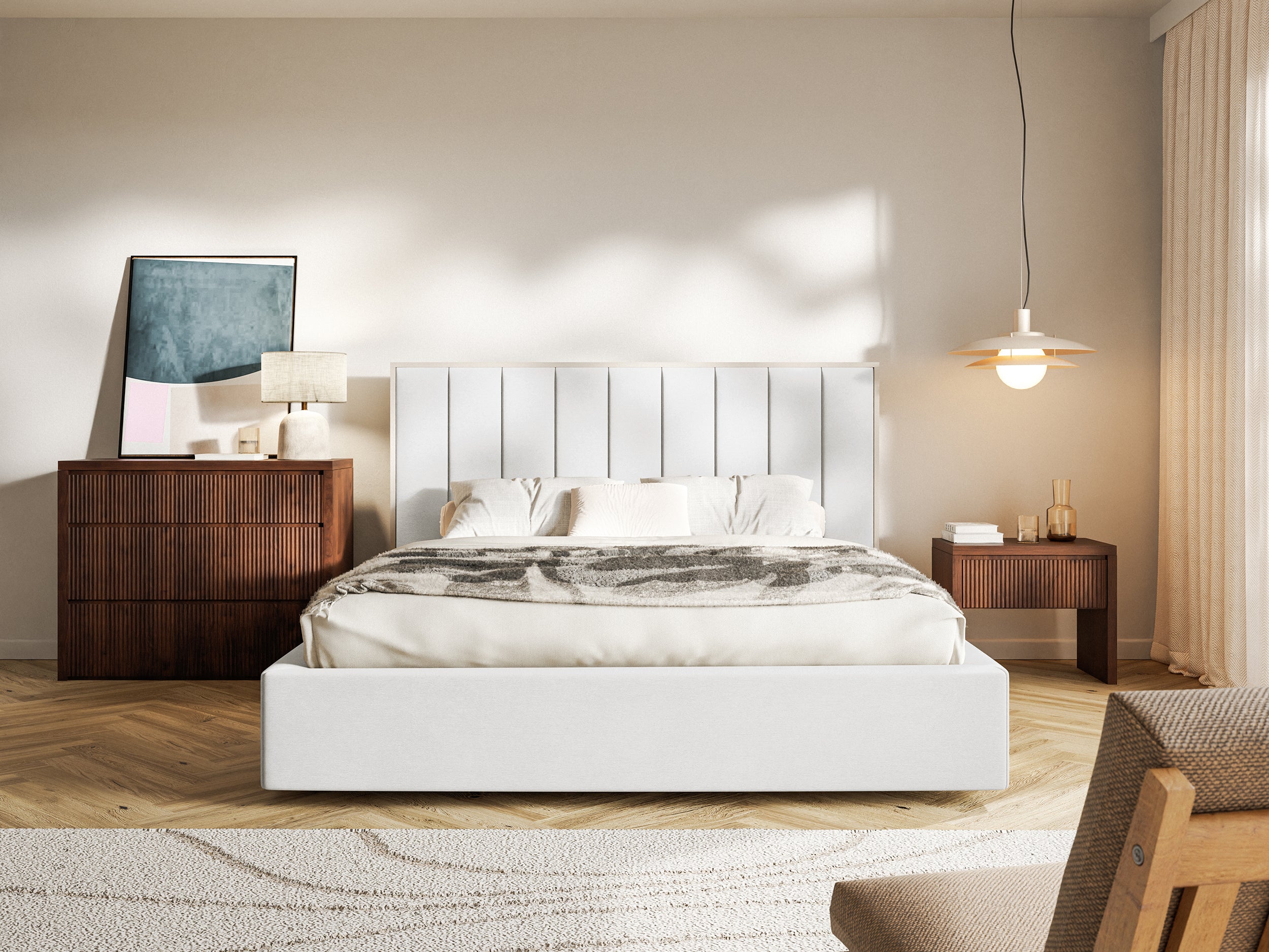 Gepolstertes Bett 160x200 cm Togents mit Stauraum, Metallrahmen, weißer hydrophober Samt