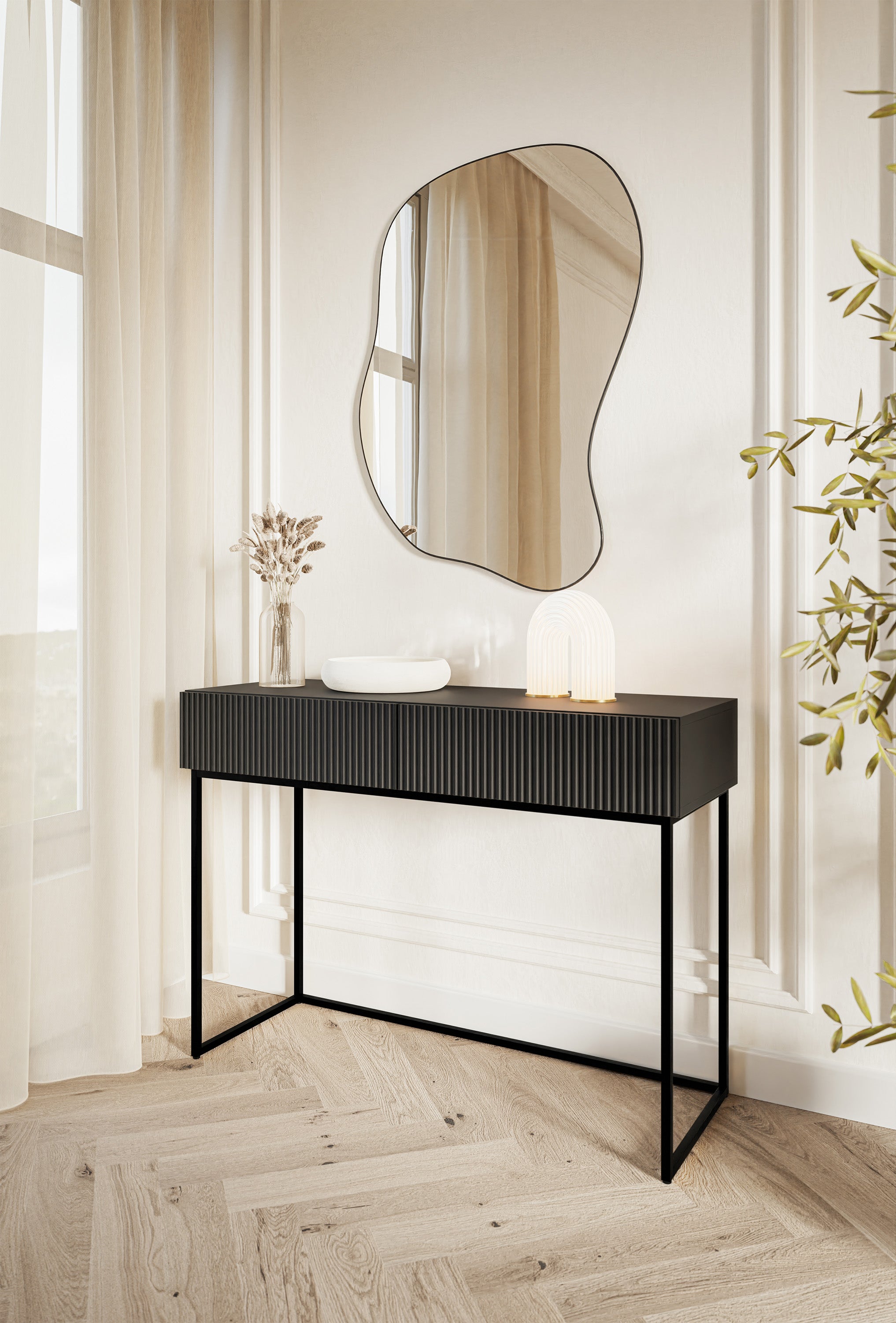 Toilettentisch Veldio mit gefräster Front und zwei Schubladen, 110 cm, Schwarz mit schwarzen Beinen
