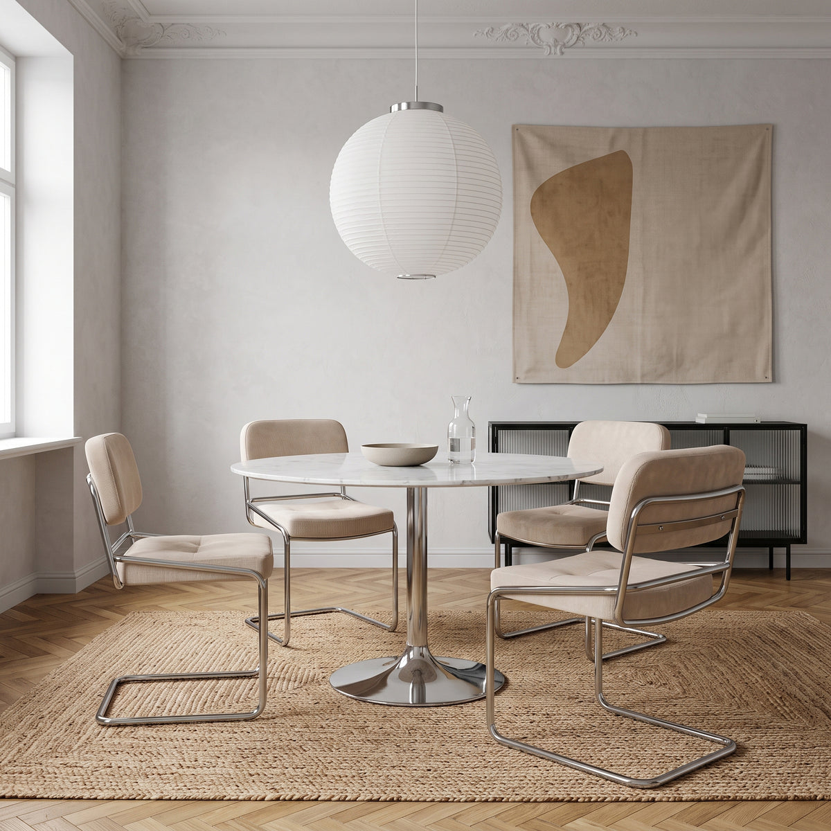 Vamp Polsterstuhl in Beige Cordstoff auf verchromtem Gestell