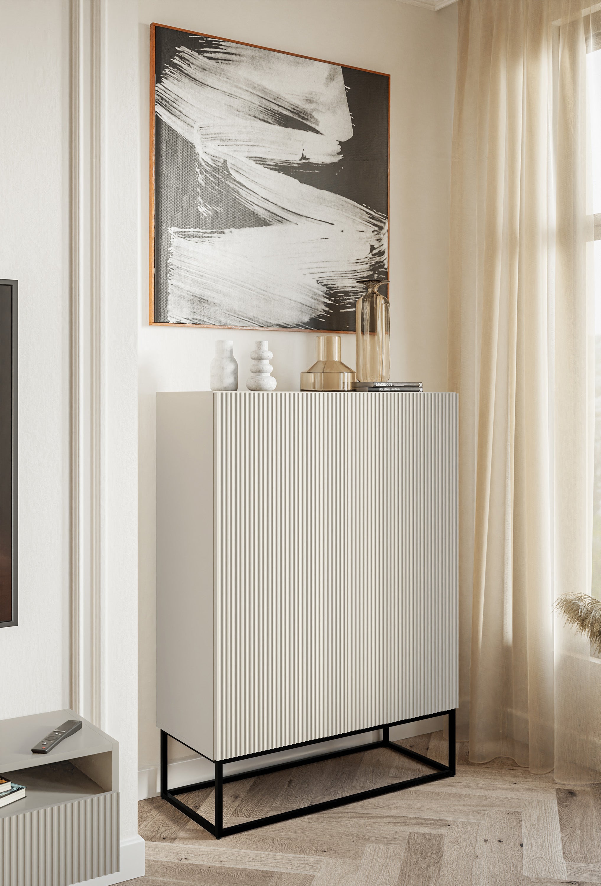 Zweiturige Kommode Veldio mit gefräster Front 90 cm Grau-Beige mit schwarzen Beinen