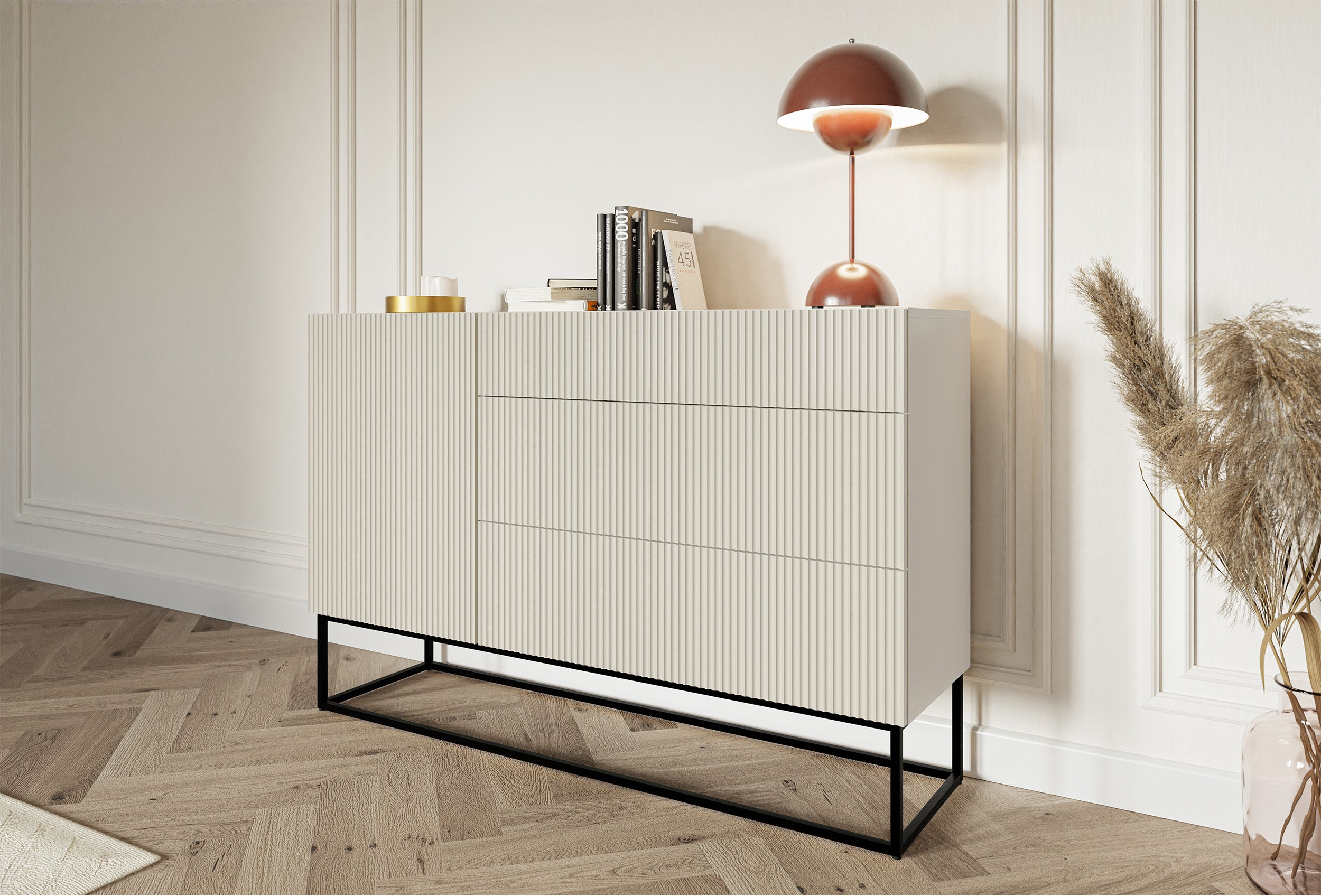 Einzeltür-Kommode Veldio mit gefräster Front und drei Schubladen, 140 cm, grau-beige mit schwarzen Beinen