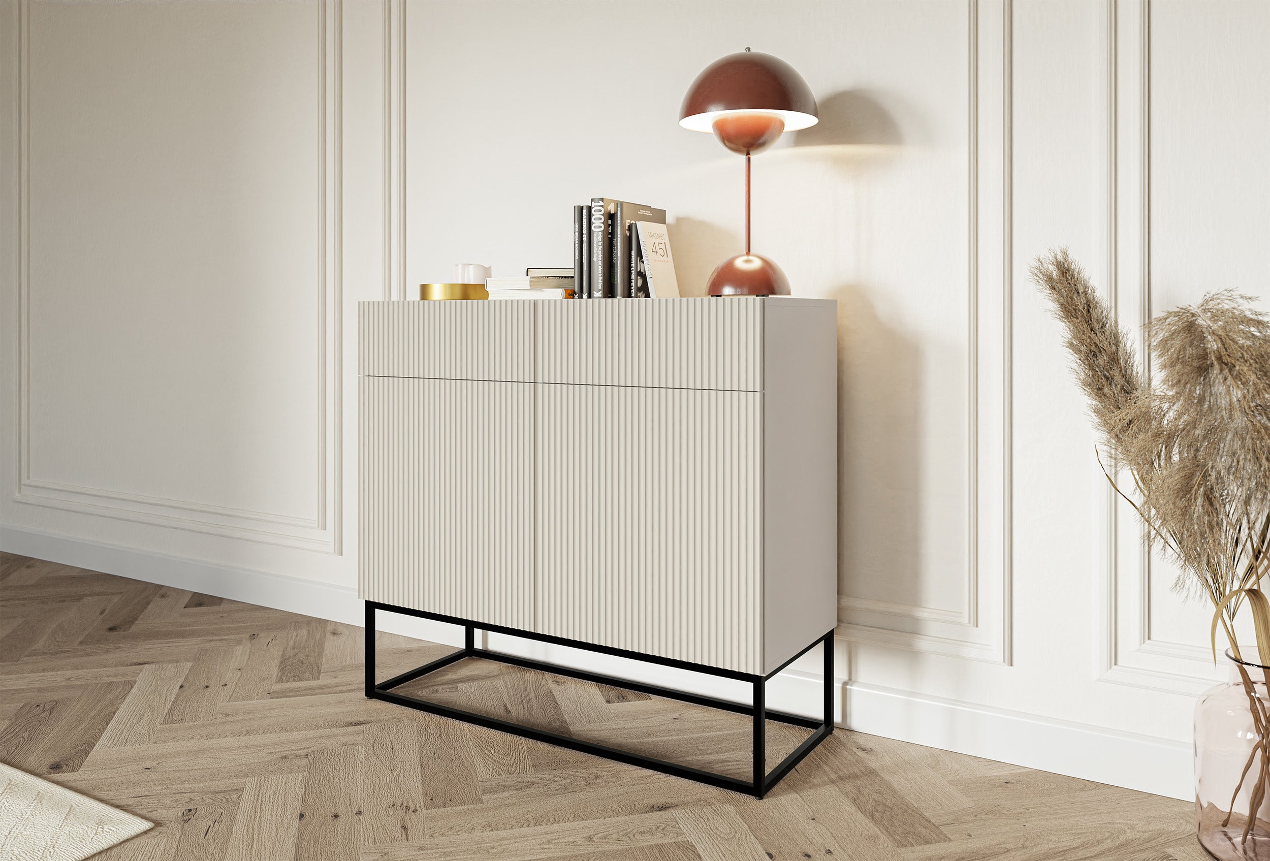 Zweittürige Kommode Veldio mit gefräster Front und zwei Schubladen, 100 cm, Schwarz mit schwarzen Beinen