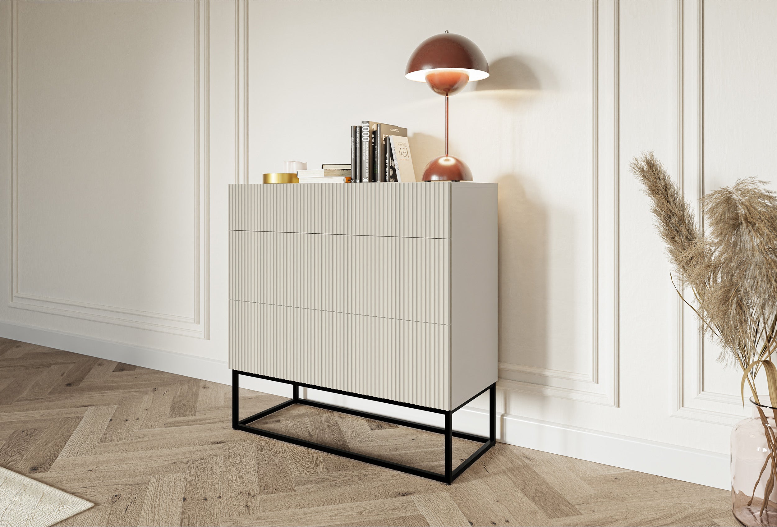 Kommode Veldio mit gefräster Front und drei Schubladen, 90 cm, grau-beige mit schwarzen Beinen