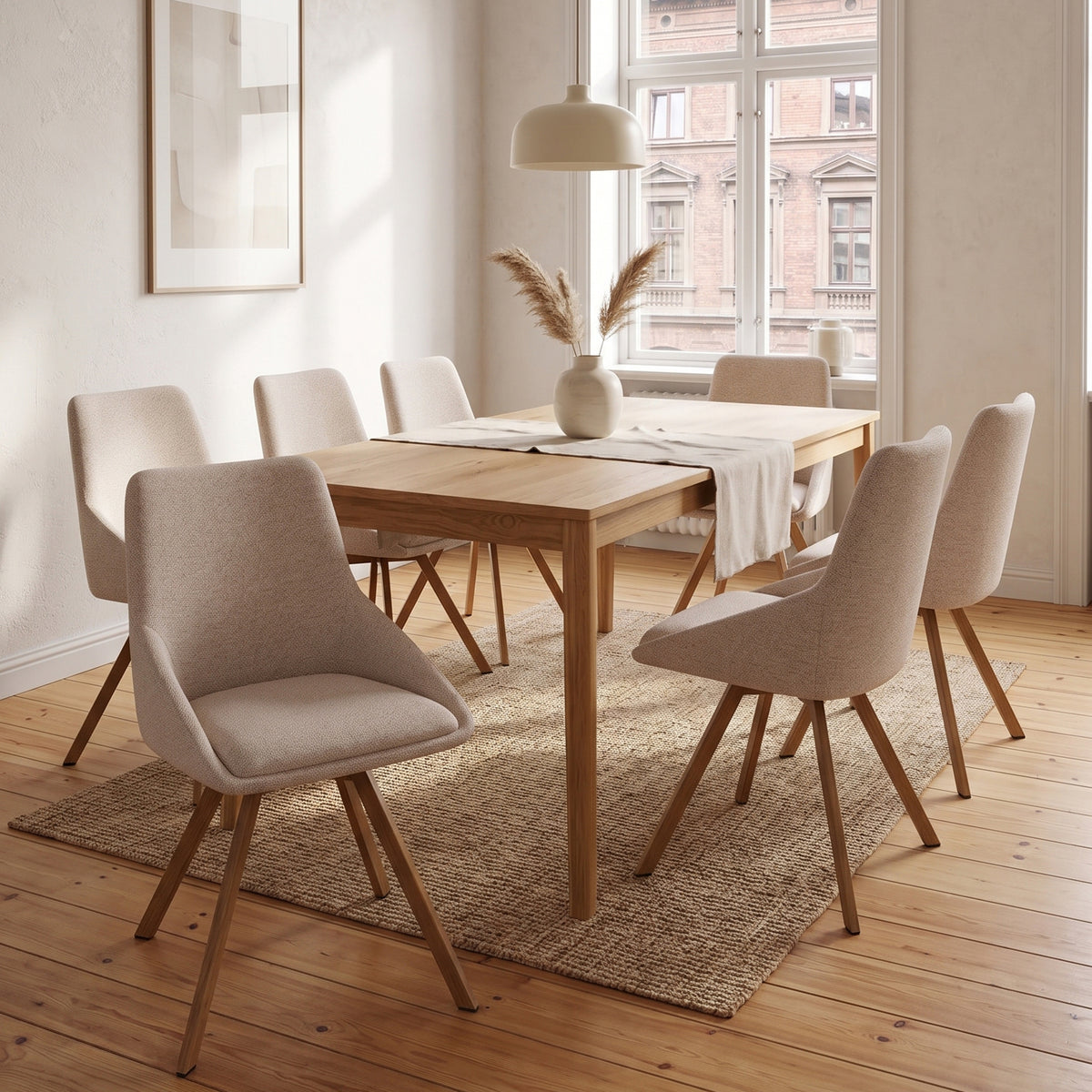 Drehbarer gepolsterter Stuhl Yanii in Beige Bouclé auf natürlicher Eichenbasis