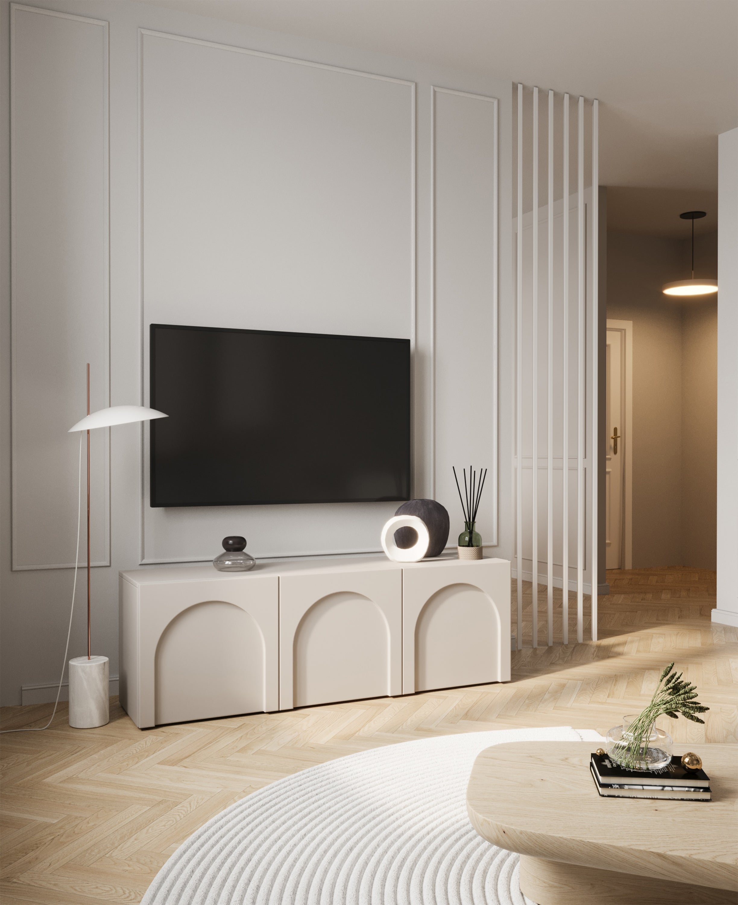 TV-Schrank Arkadia, dreitürig, mit gefrästen Fronten, 150 cm, Kaschmir