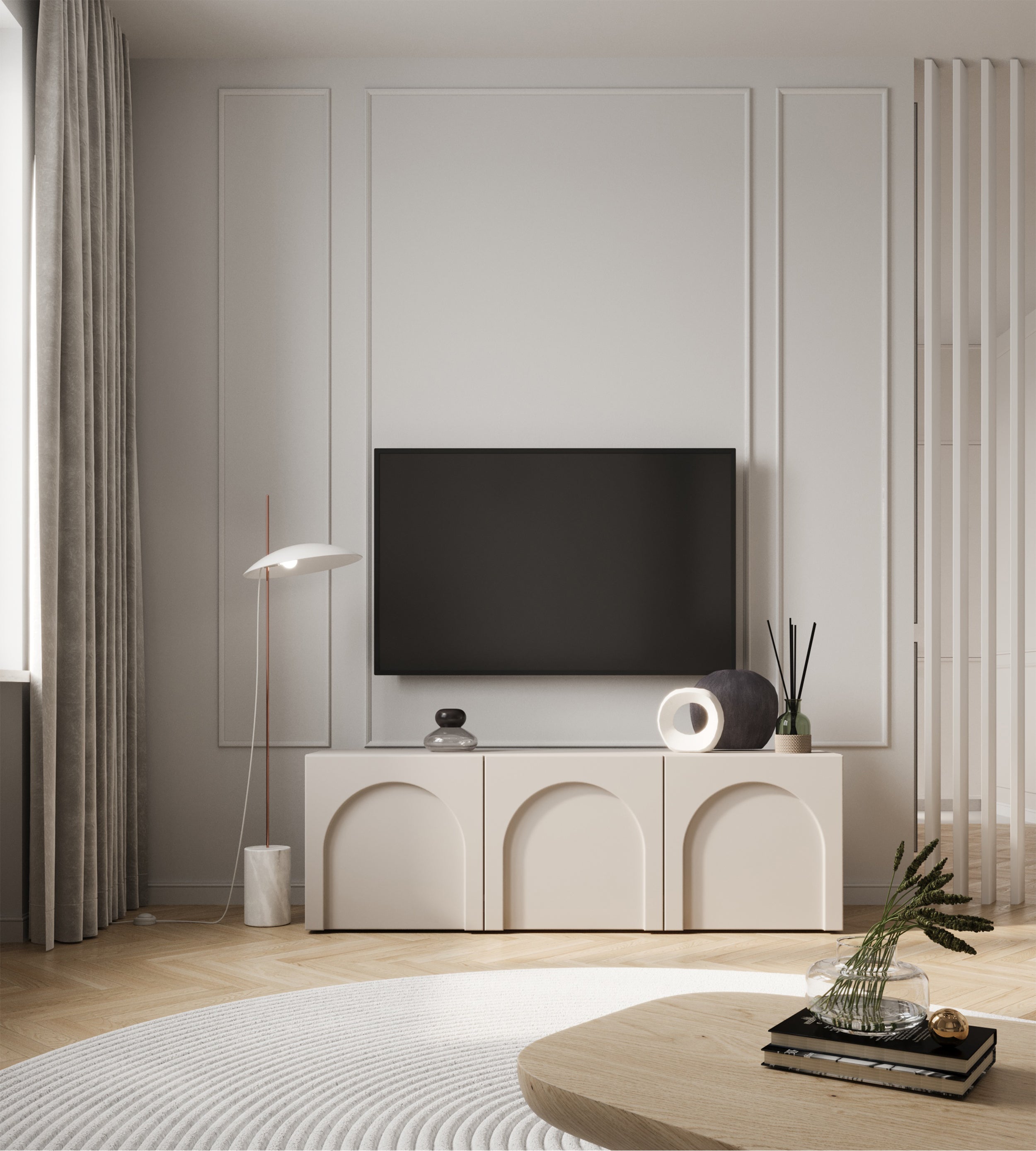 TV-Schrank Arkadia, dreitürig, mit gefrästen Fronten, 150 cm, Kaschmir