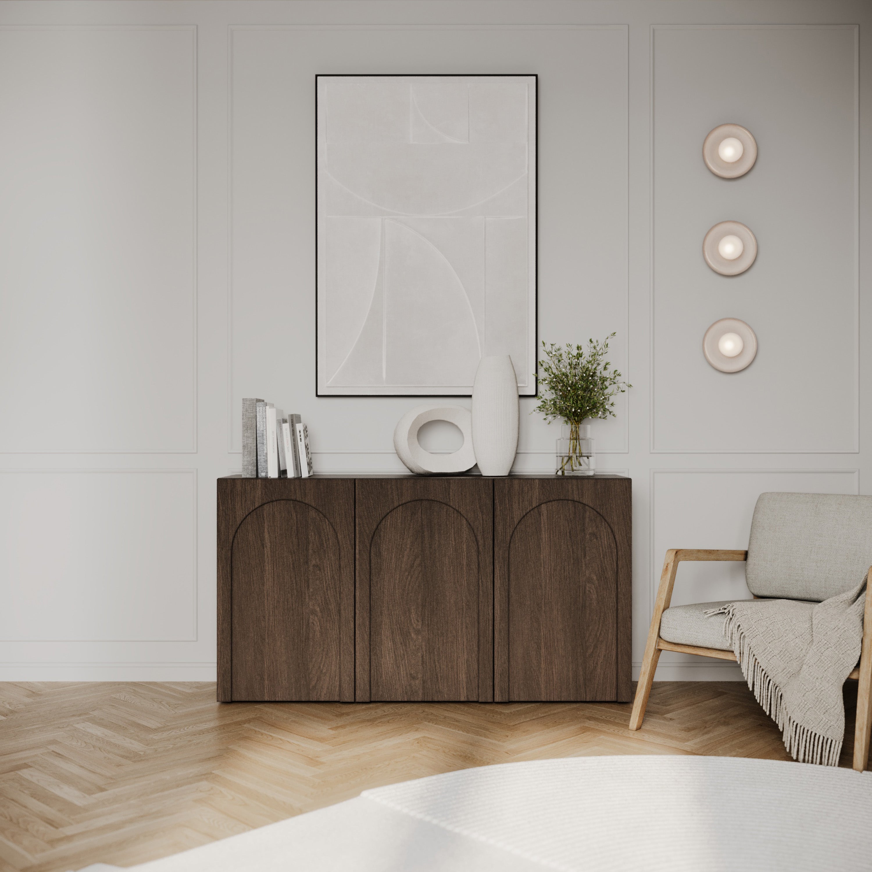 Drehtür-Kommode Arkadia mit gefrästen Fronten, 150 cm, Eiche Dunin