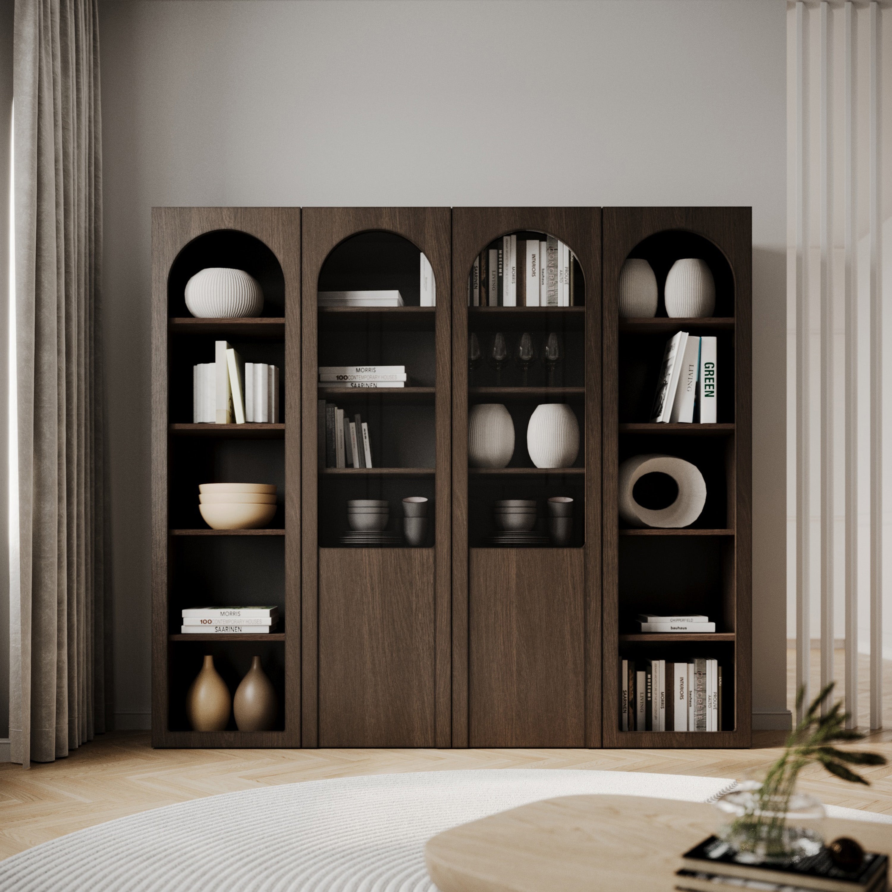 Zweiflügeliger Schrank Arkadia mit gefrästen und gläsernen Fronten, 100 cm, Eiche Dunin
