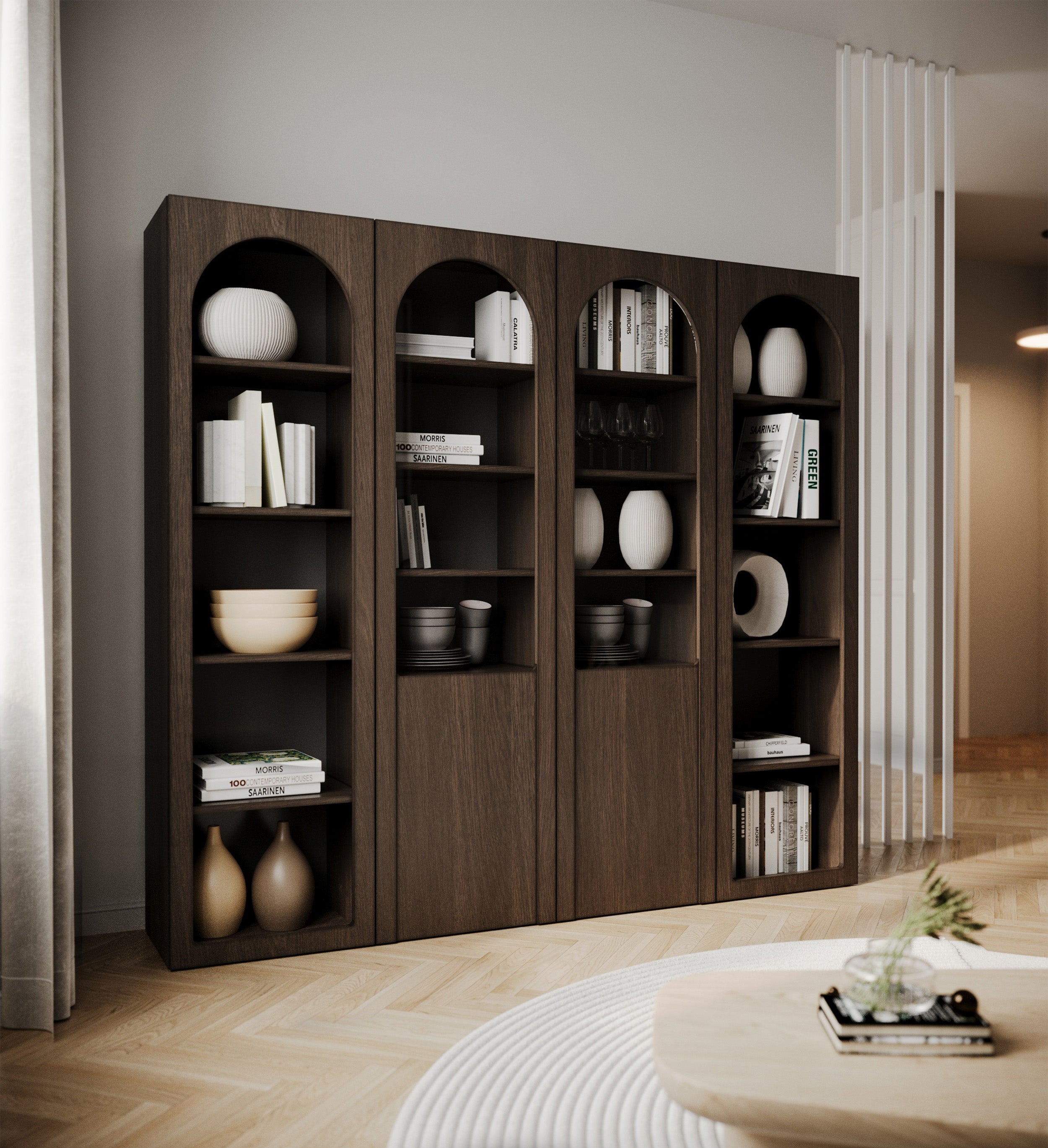 Zweiflügeliger Schrank Arkadia mit gefrästen und gläsernen Fronten, 100 cm, Eiche Dunin