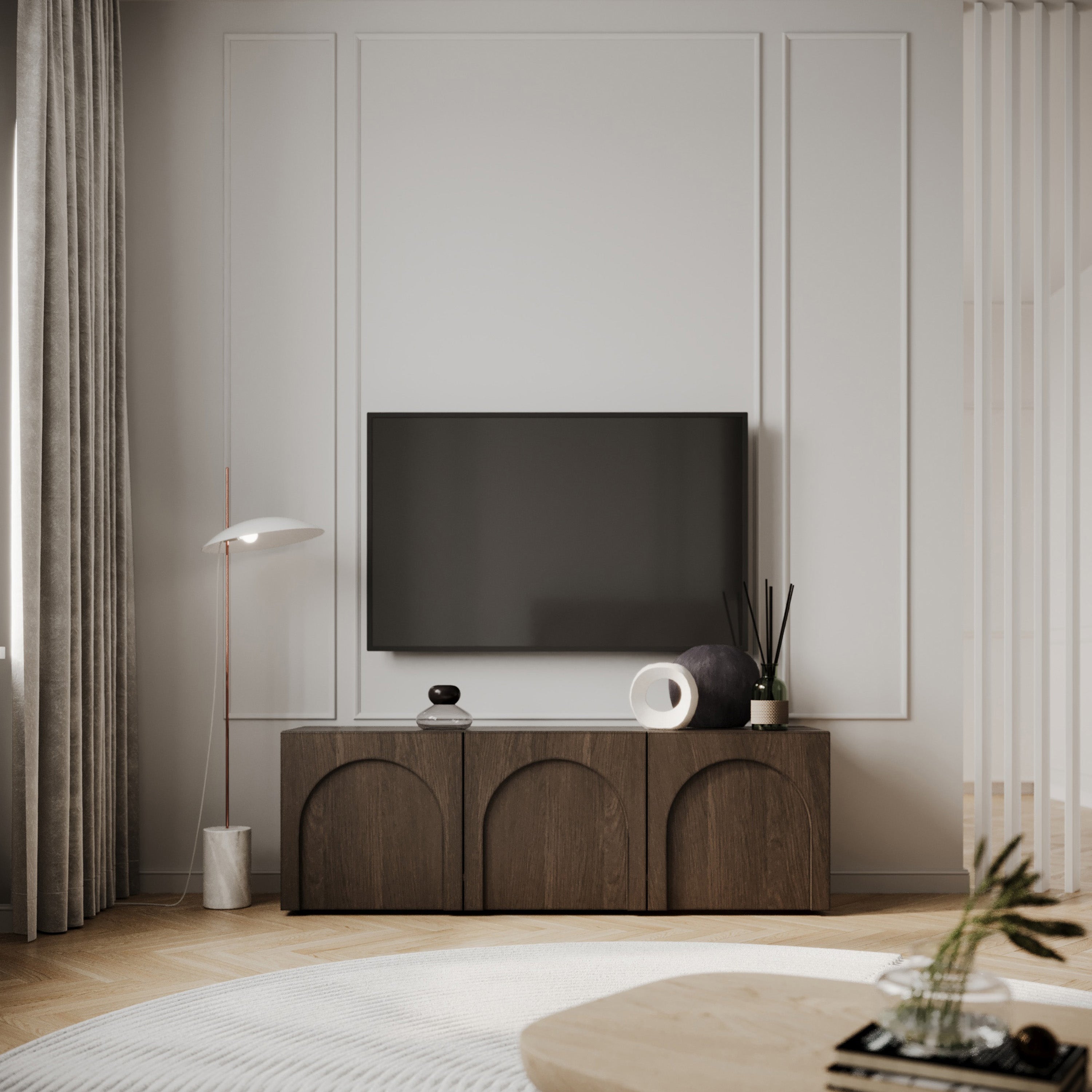 Drehtüriger TV-Schrank Arkadia mit gefrästen Fronten 150 cm Dunin-Eiche