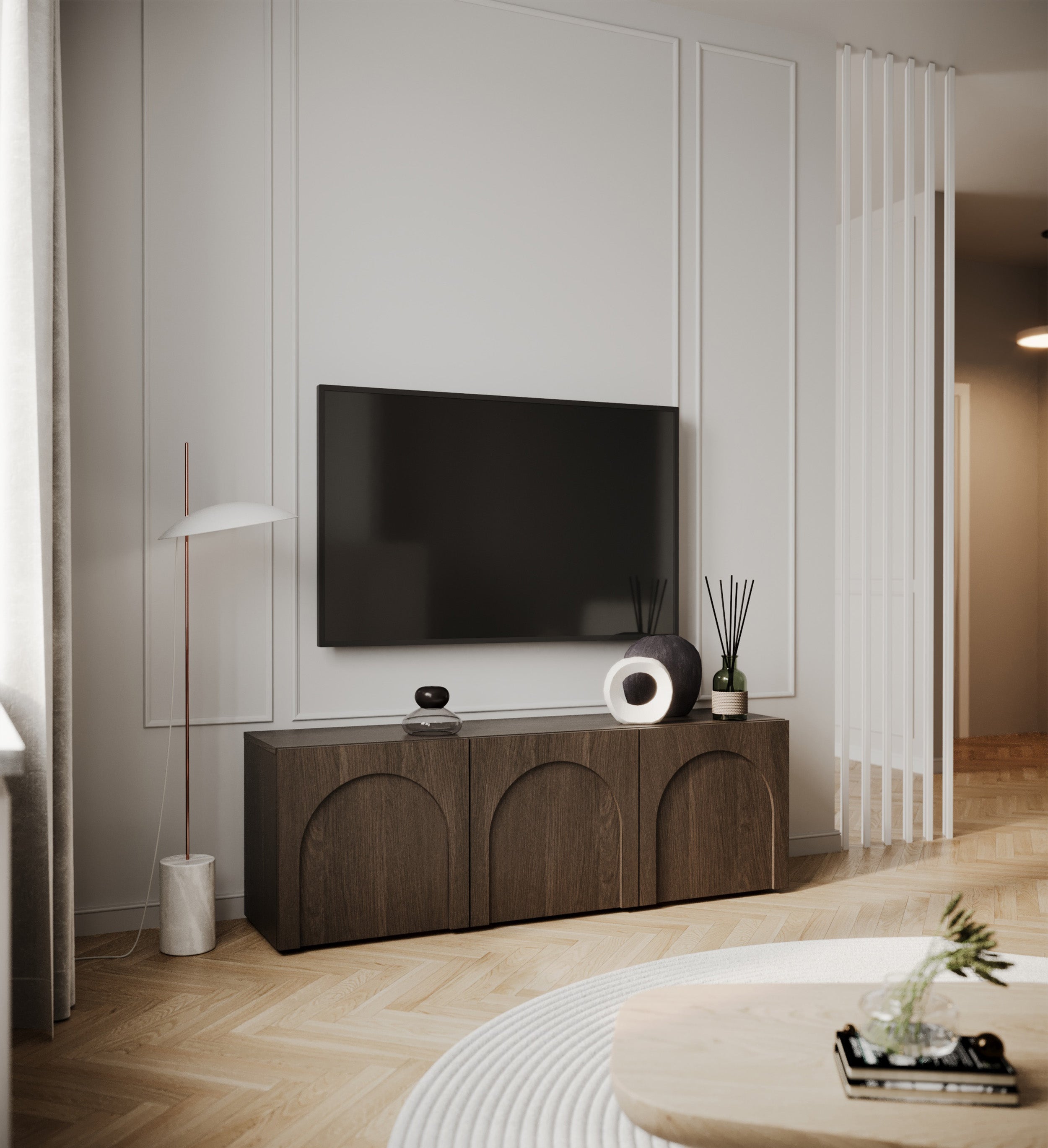 Drehtüriger TV-Schrank Arkadia mit gefrästen Fronten 150 cm Dunin-Eiche