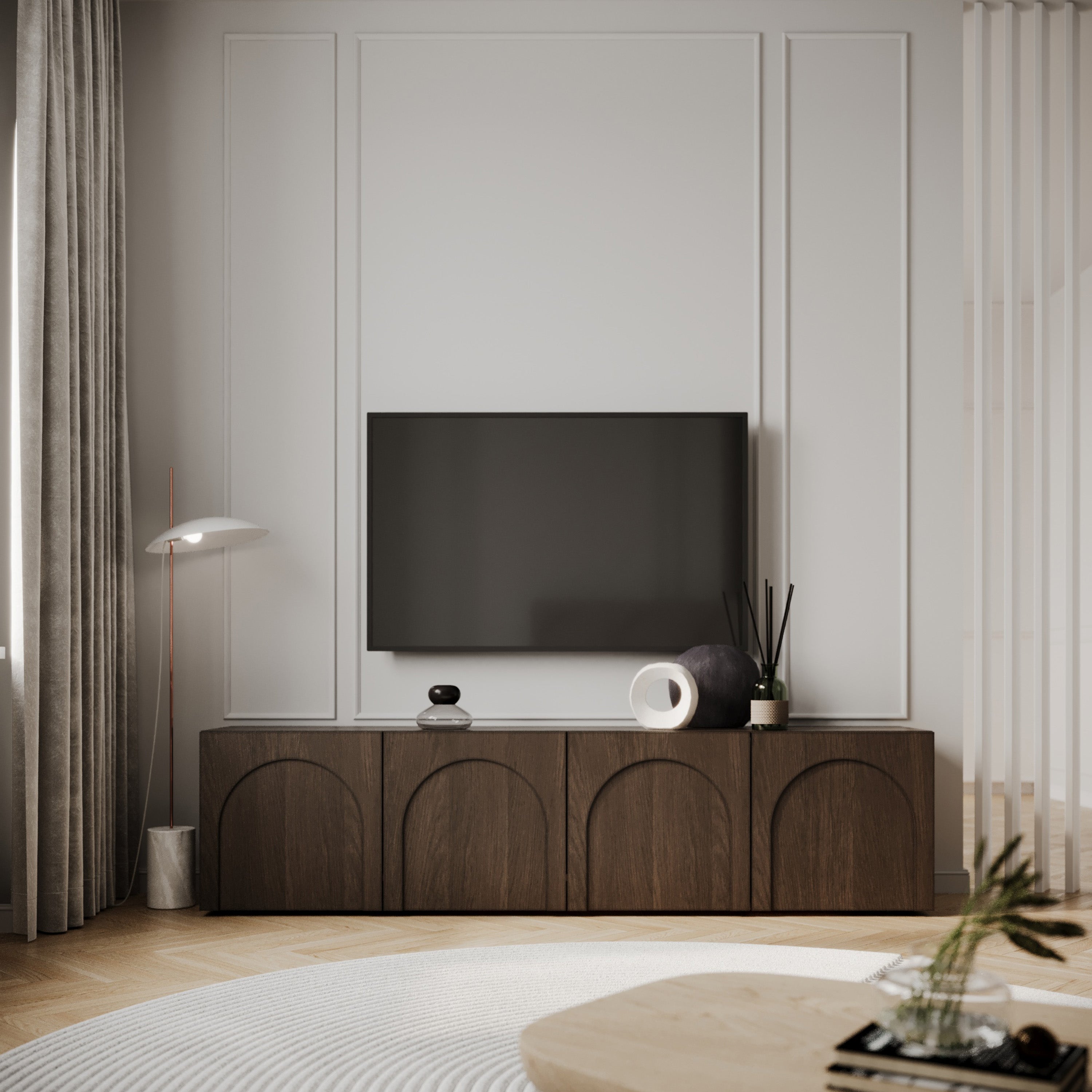 Vier-türiger TV-Schrank Arkadia mit gefrästen Fronten, 200 cm, Eiche Dunin