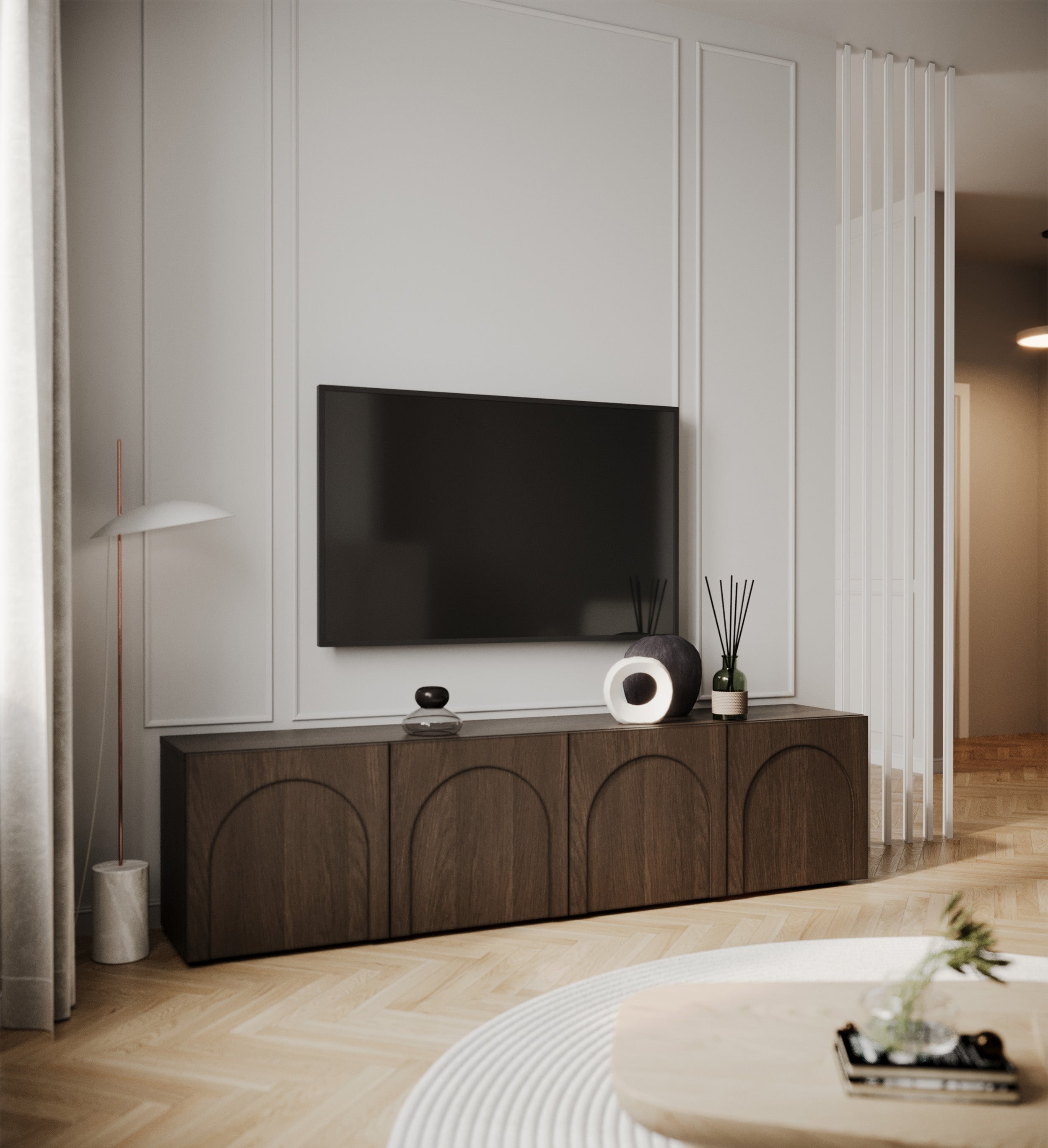 Vier-türiger TV-Schrank Arkadia mit gefrästen Fronten, 200 cm, Eiche Dunin