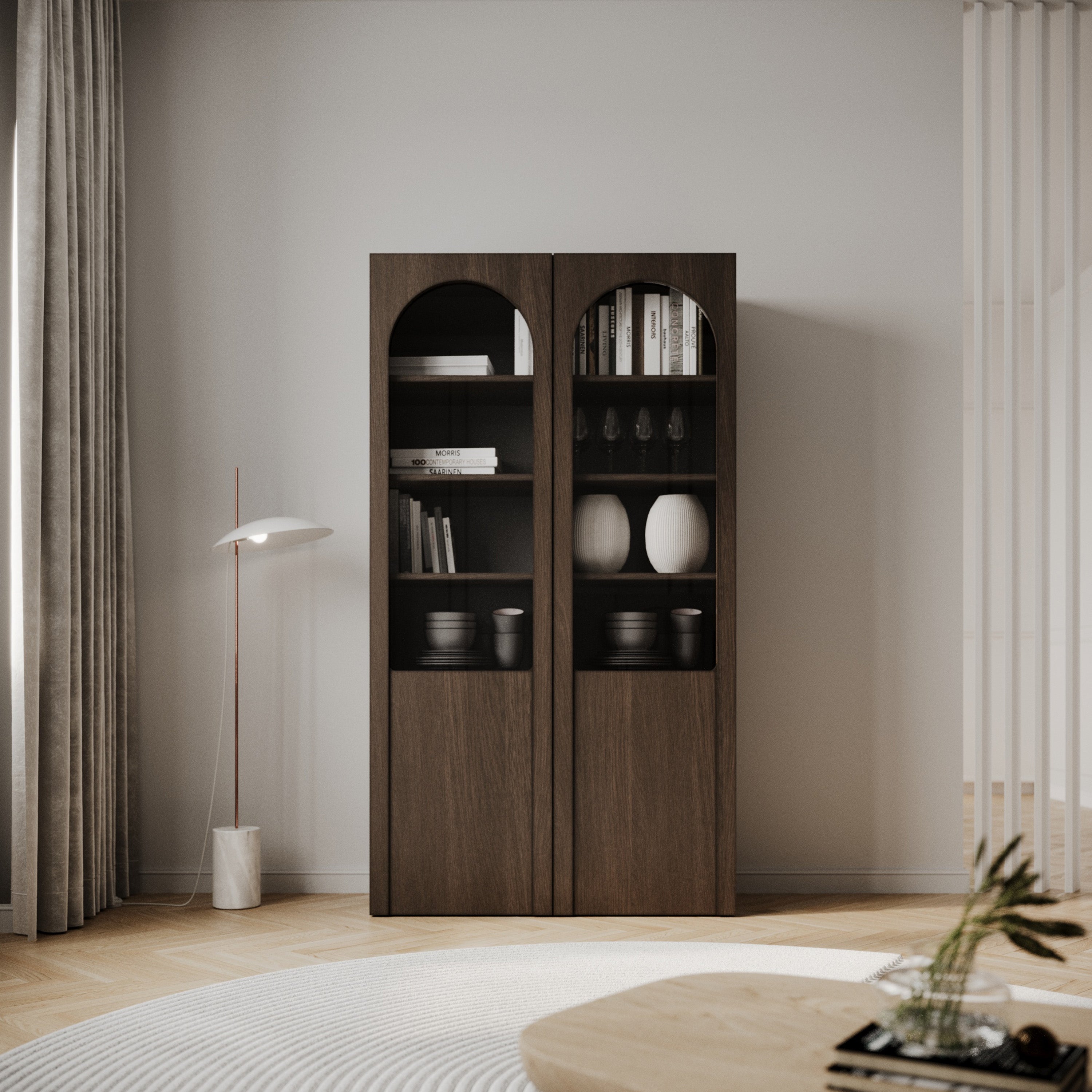 Zweiflügeliger Schrank Arkadia mit gefrästen und gläsernen Fronten, 100 cm, Eiche Dunin
