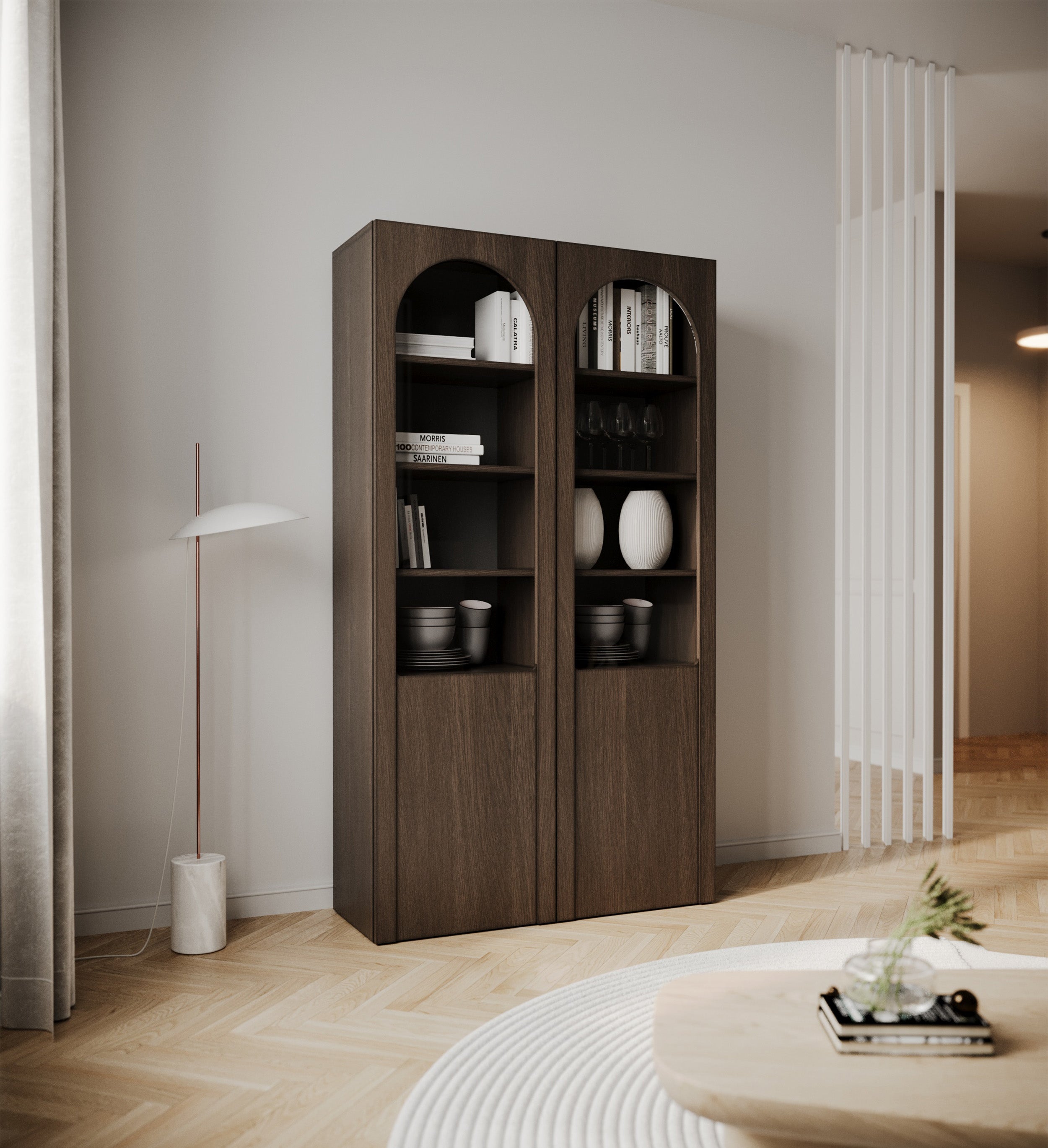 Zweiflügeliger Schrank Arkadia mit gefrästen und gläsernen Fronten, 100 cm, Eiche Dunin