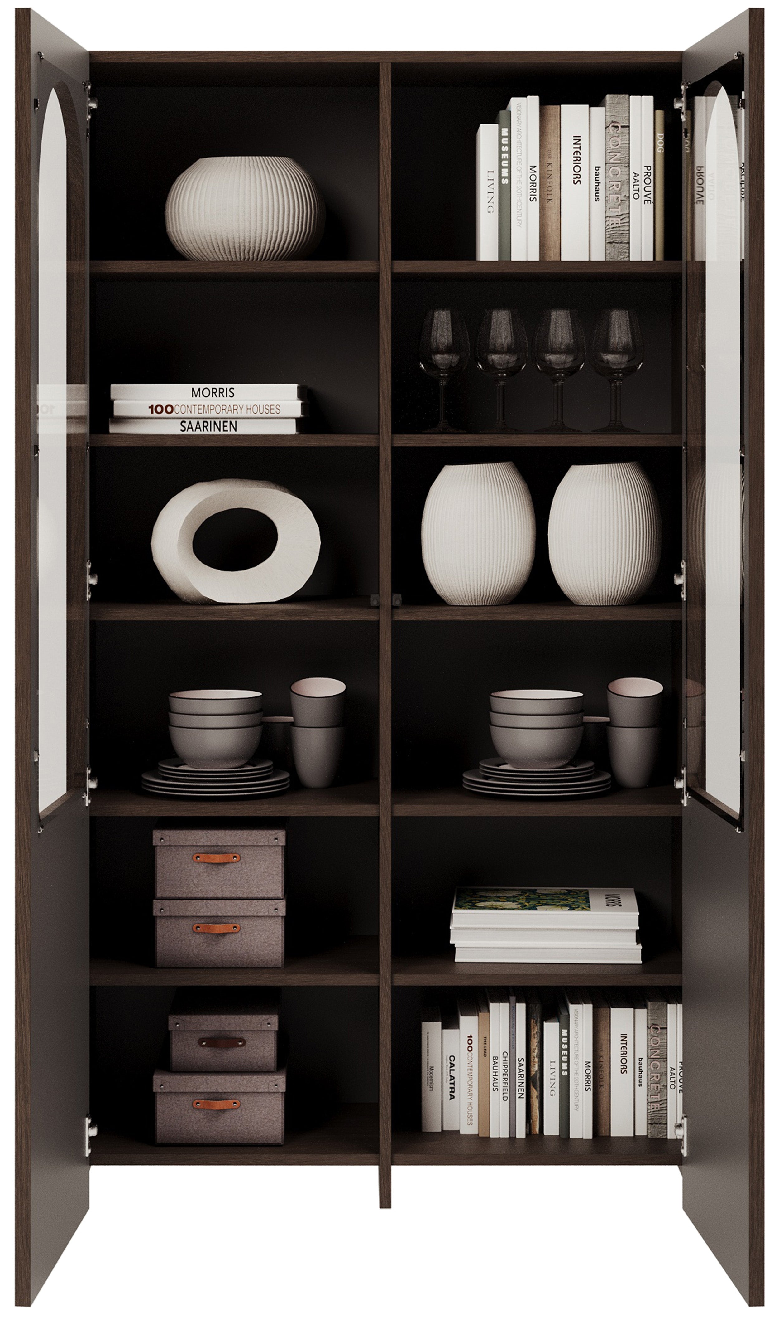 Zweiflügeliger Schrank Arkadia mit gefrästen und gläsernen Fronten, 100 cm, Eiche Dunin