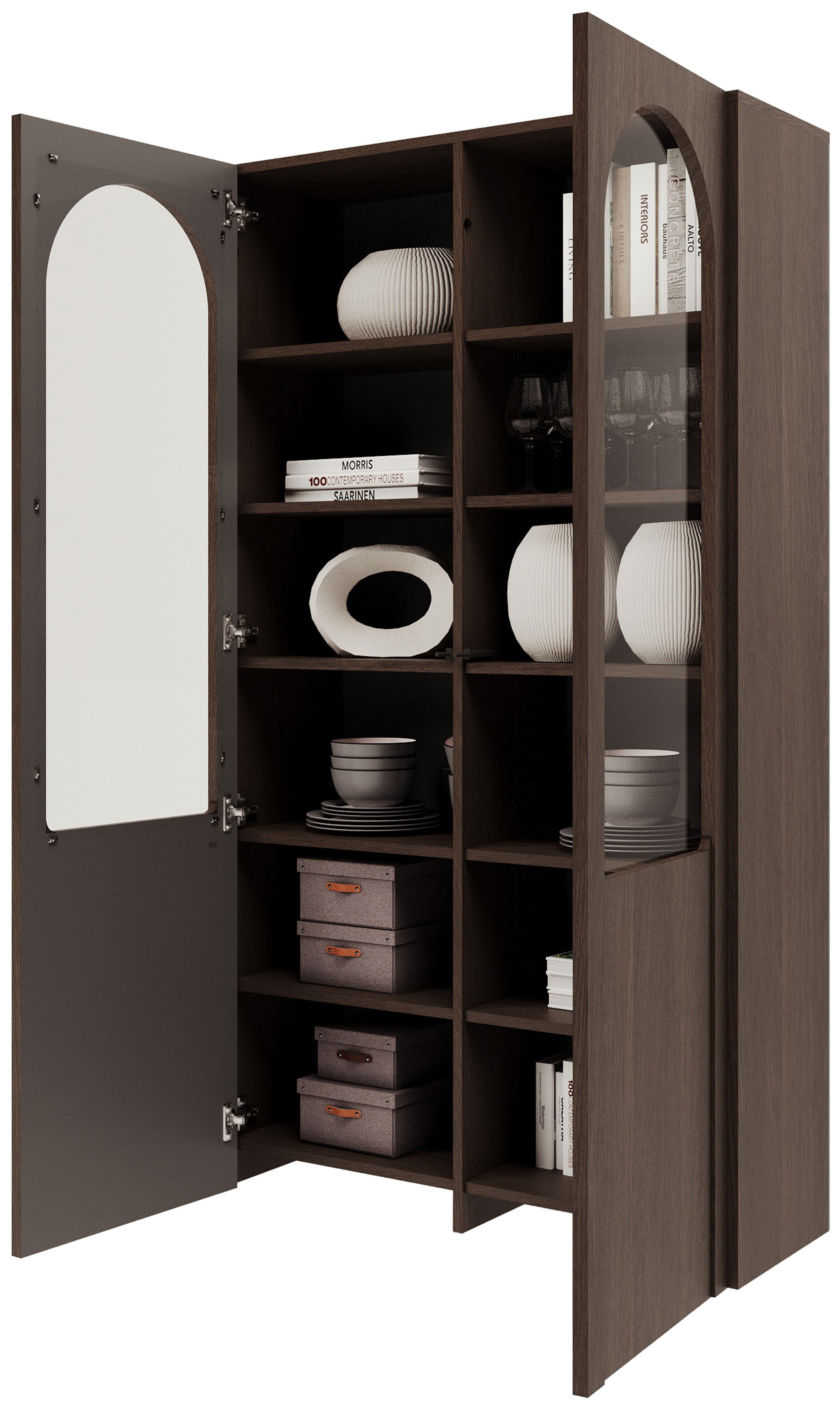 Zweiflügeliger Schrank Arkadia mit gefrästen und gläsernen Fronten, 100 cm, Eiche Dunin