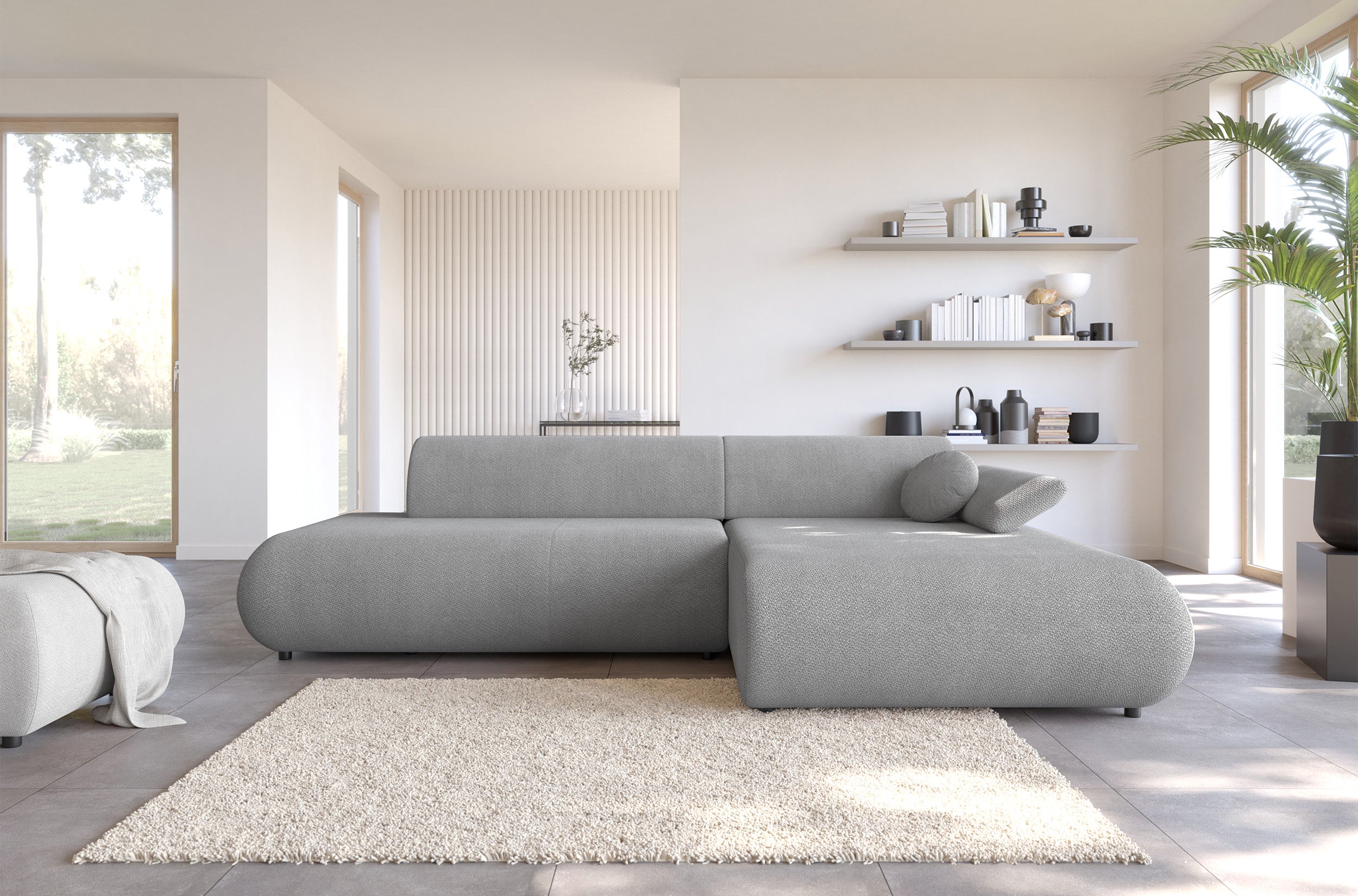 Ecksofa mit Schlaffunktion Armone, L-förmig, rechtsseitig, grauer Chenille-Stoff