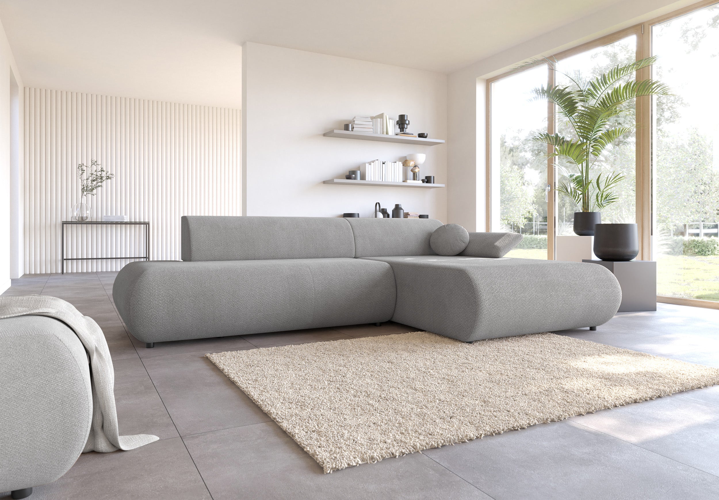 Ecksofa mit Schlaffunktion Armone, L-förmig, rechtsseitig, grauer Chenille-Stoff