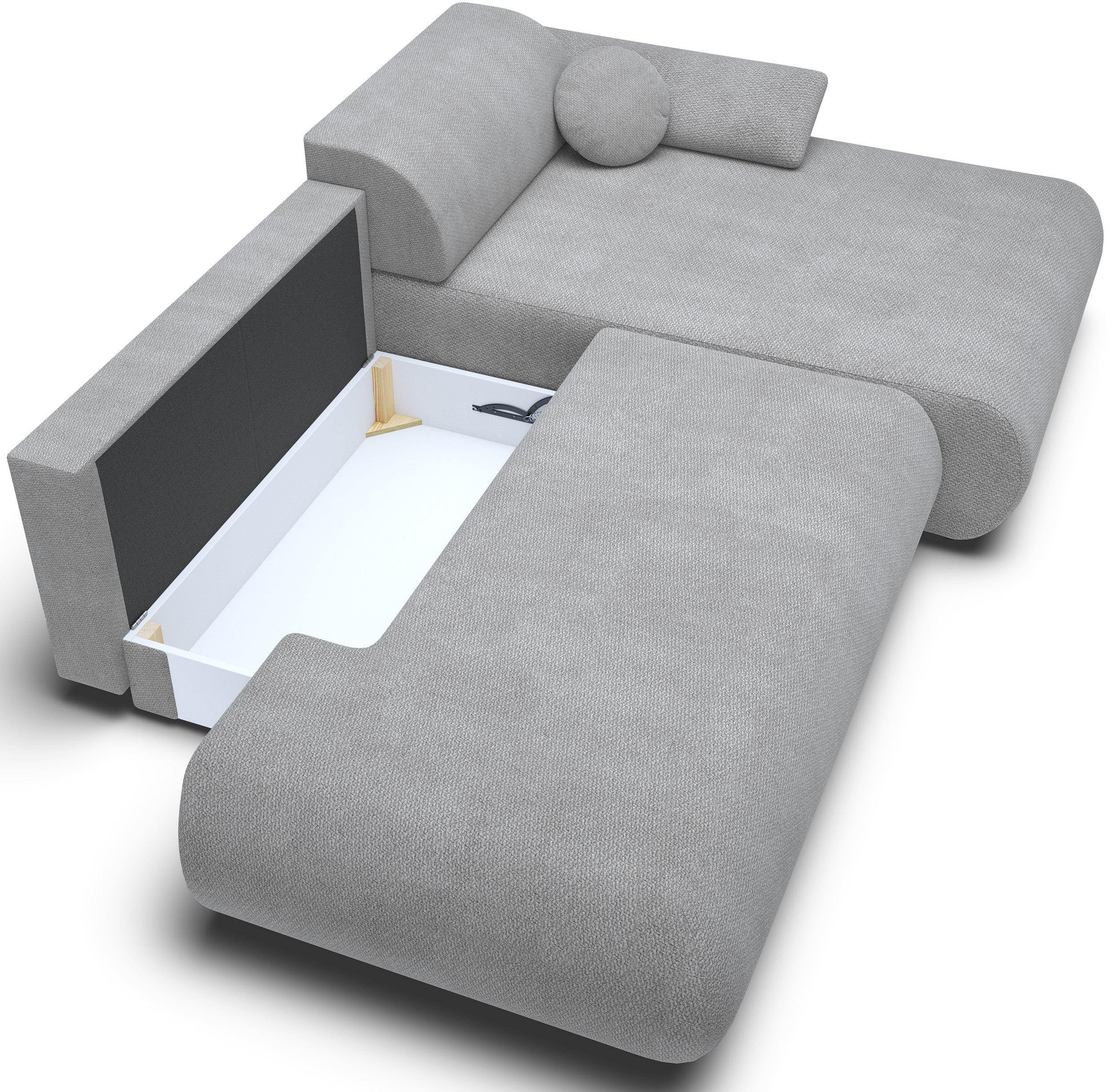 Ecksofa mit Schlaffunktion Armone, L-förmig, rechtsseitig, grauer Chenille-Stoff